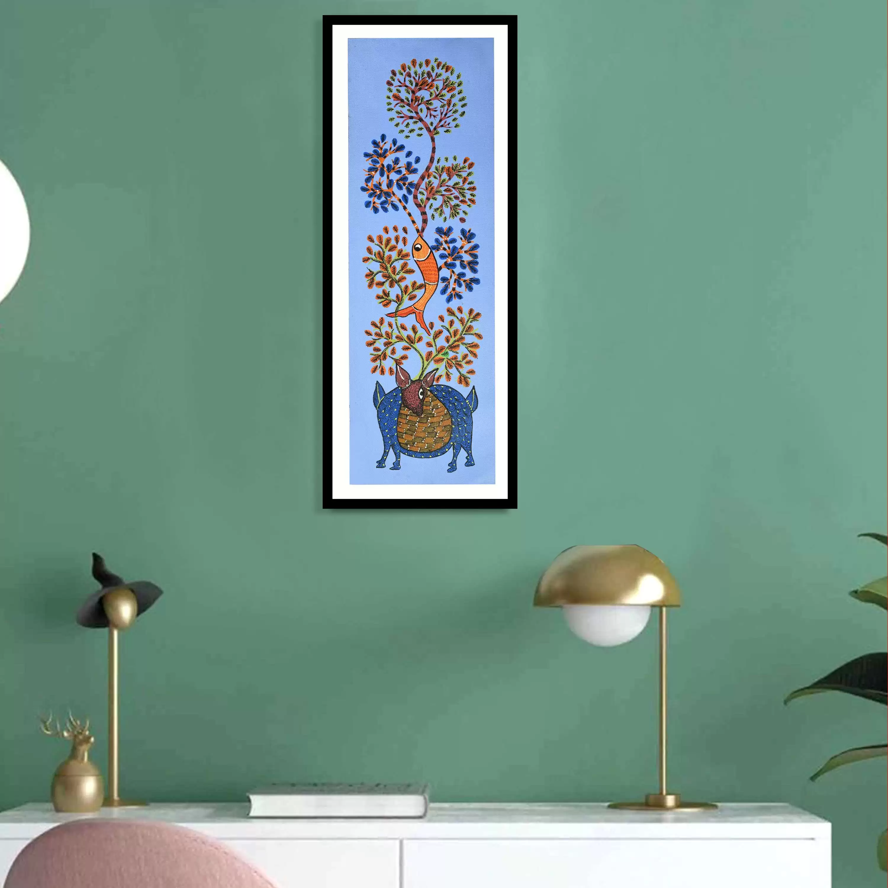 Deer, Fish & Tree Gond Art Painting for Home Wall Art Decor