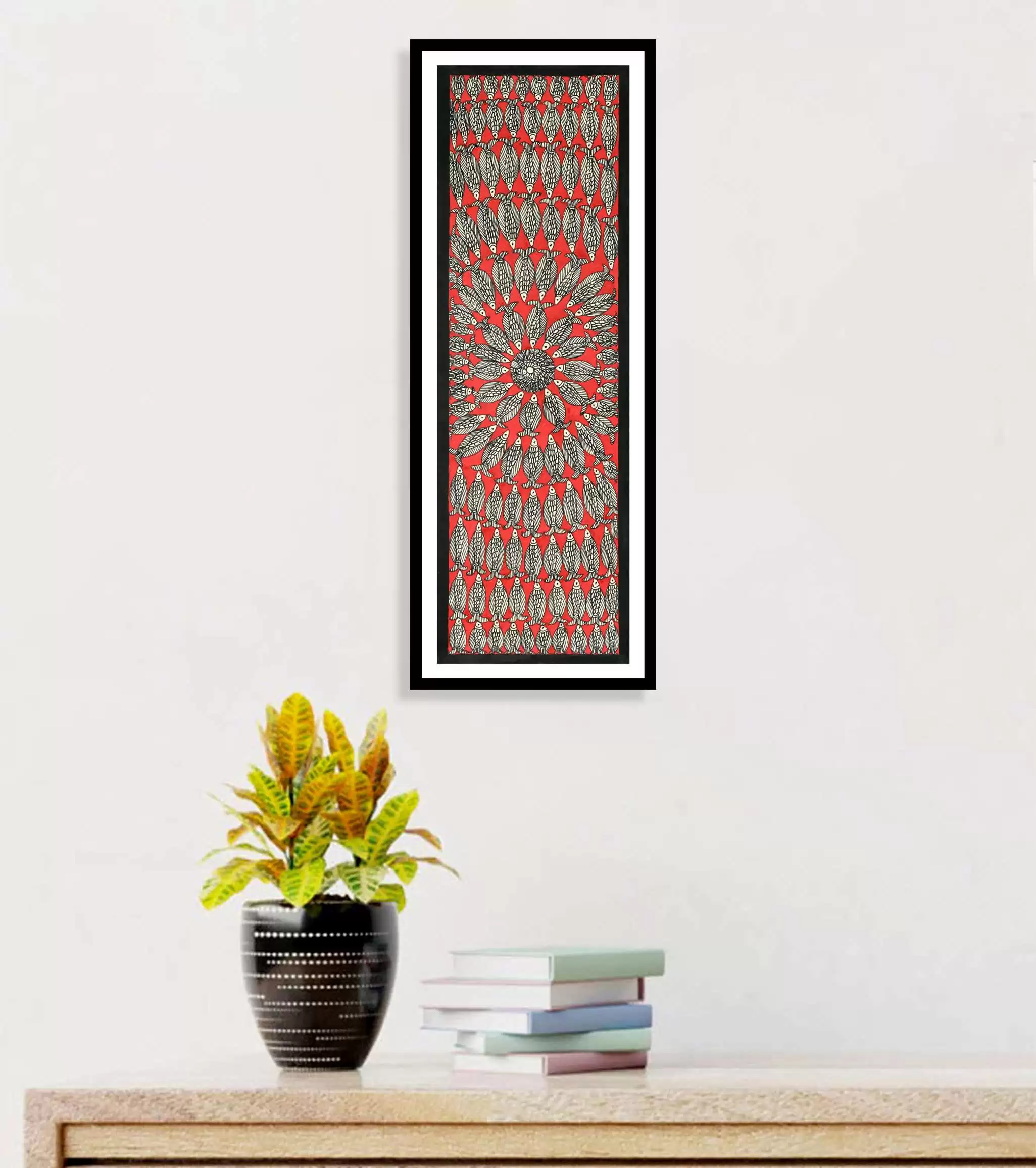 Fish Mandala (Red) Madhubani Art Painting for Home Wall Art Decor