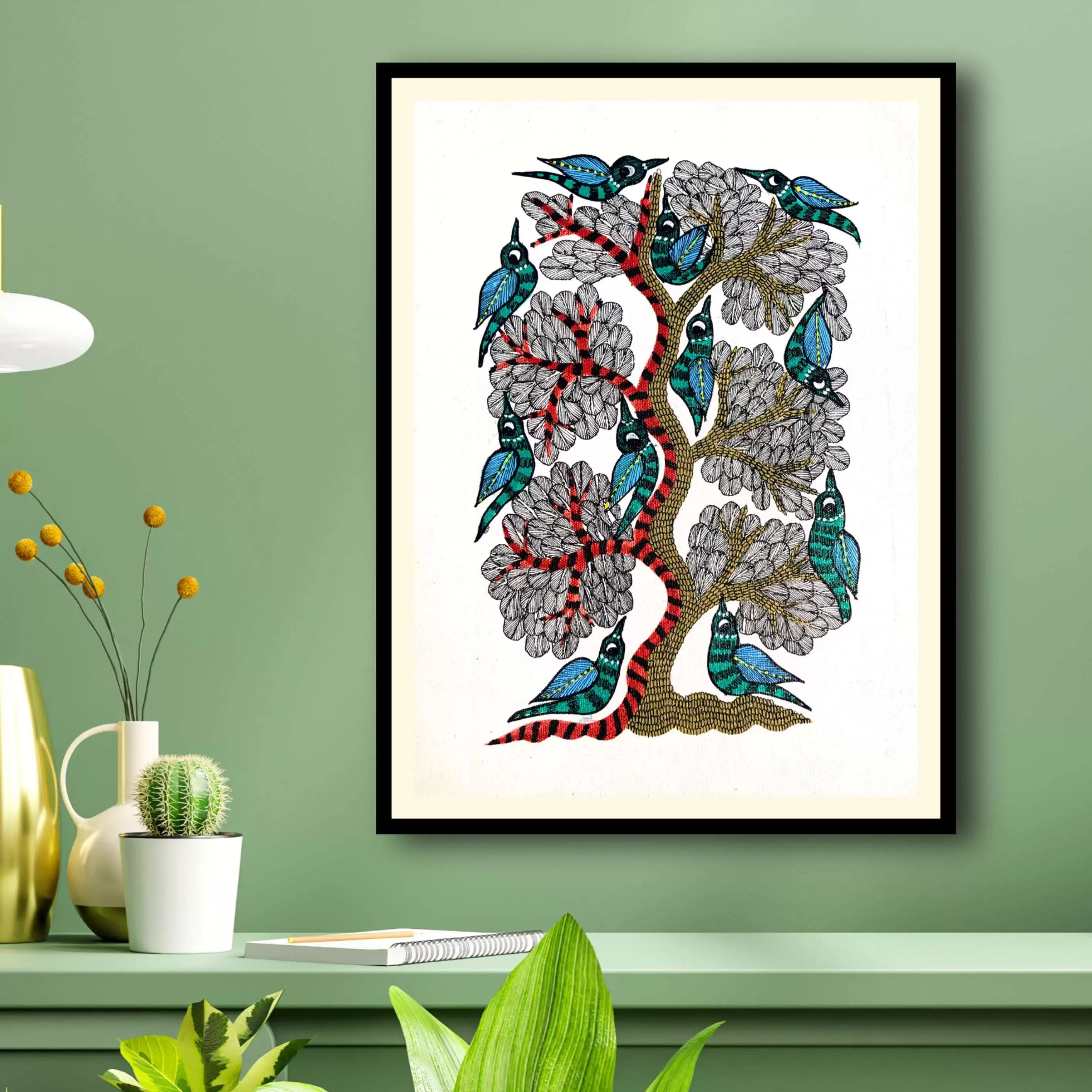 Framed Madhubani Art painting of Tree & Birds  for Home & Office Wall Art Decor