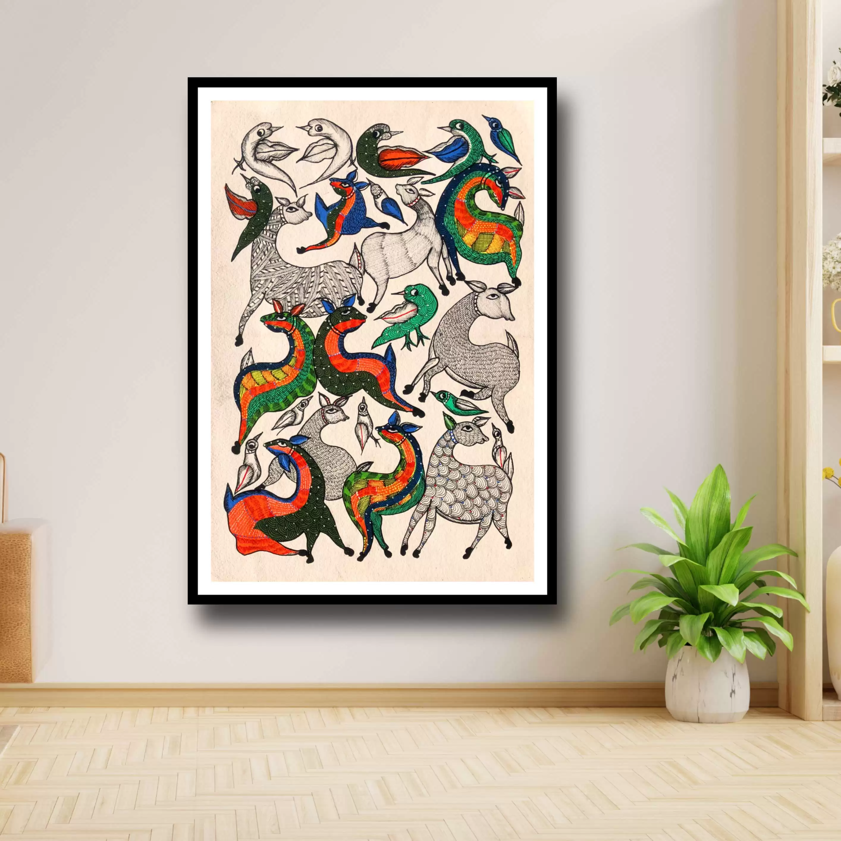 Framed Traditional  Gond Art Painting of Deers For Livingroom,Bedroom,Home & Office Wall Art Decor