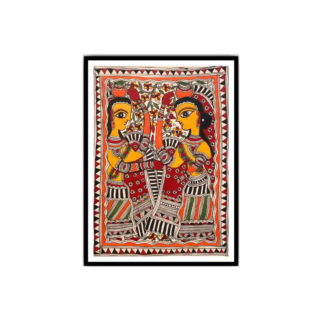 Framed Madhubani Art Painting |Village Girls | Traditional Art Painting for Livingroom,Bedroom,Home & Office Wall Art Decor