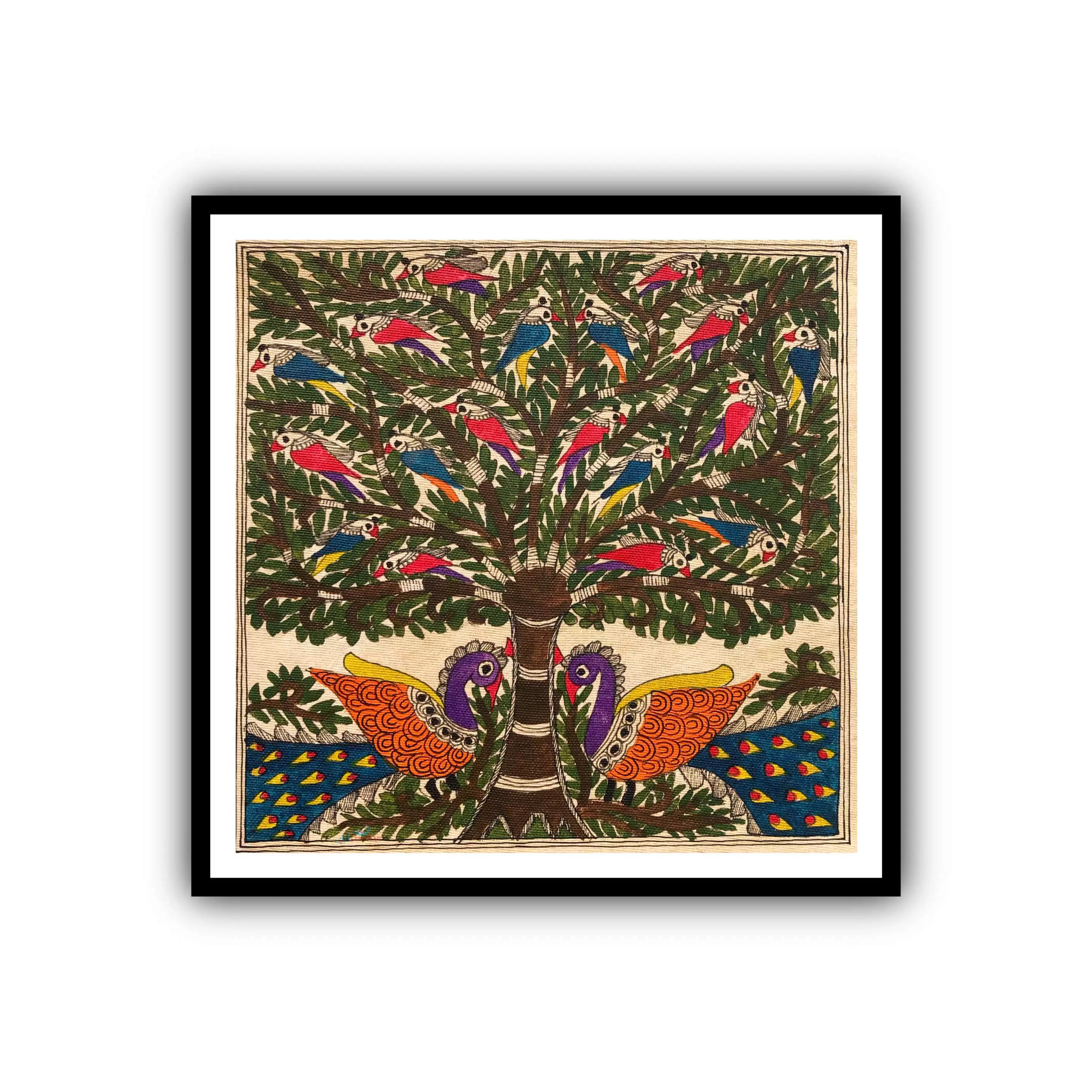 Framed  Madhubani Art Painting | Peacock & Tree| Traditional Art Painting for Home Decor & Gifting