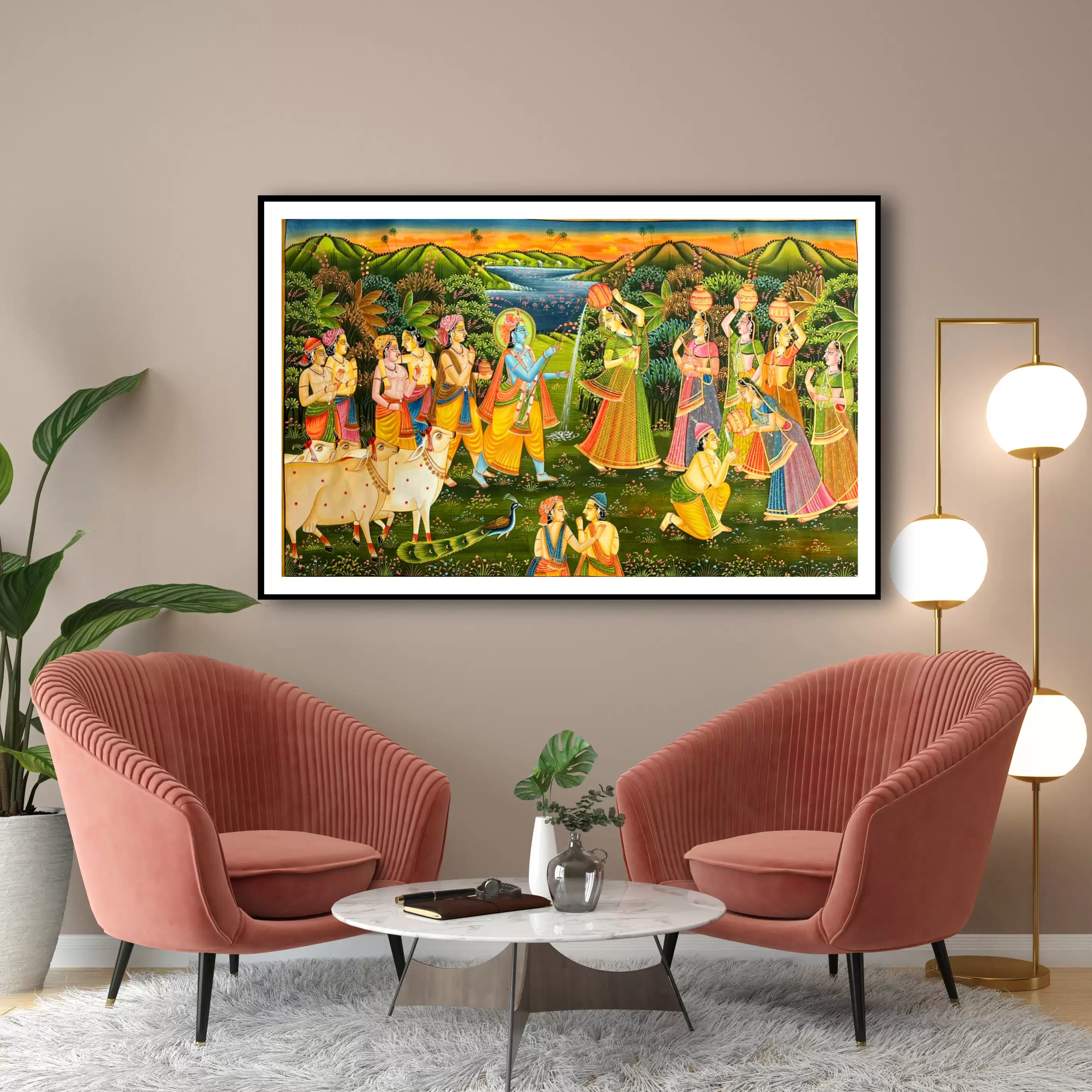 VINTAGE PICHWAI Krishna With Gopis & Gwala for Home & Office Wall Art Decor