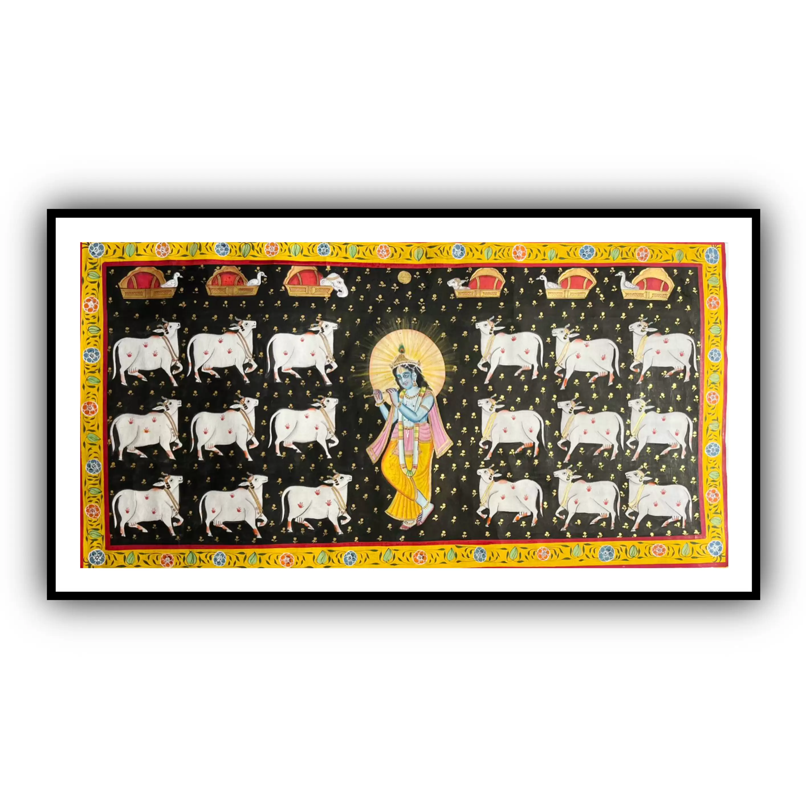 Artdarshan Krishna with Gau Mata Pichwai Art Painting for Home Wall Art Decor