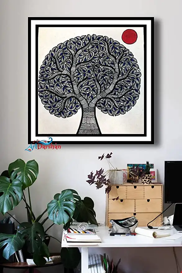 Framed Madhubani Painting Tree of Life for Home Wall Art Decoration
