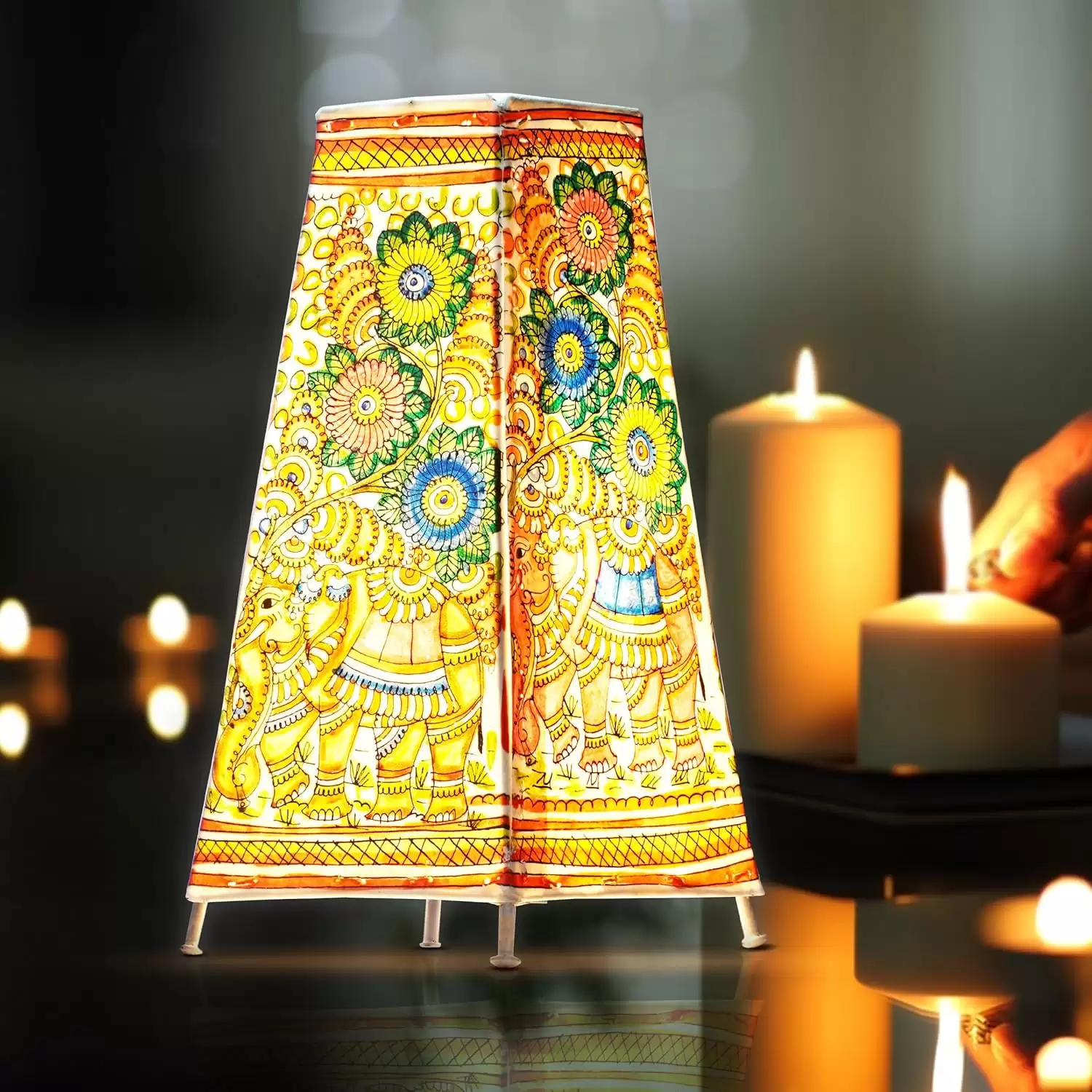 Artdarshan Handcrafted Leather Lampshade | Handmade Table Lamp for home decoration | Bedside night & desk lamp for bedroom & living room | Designer table lamp - Elephant Design- (32.5x15.5)