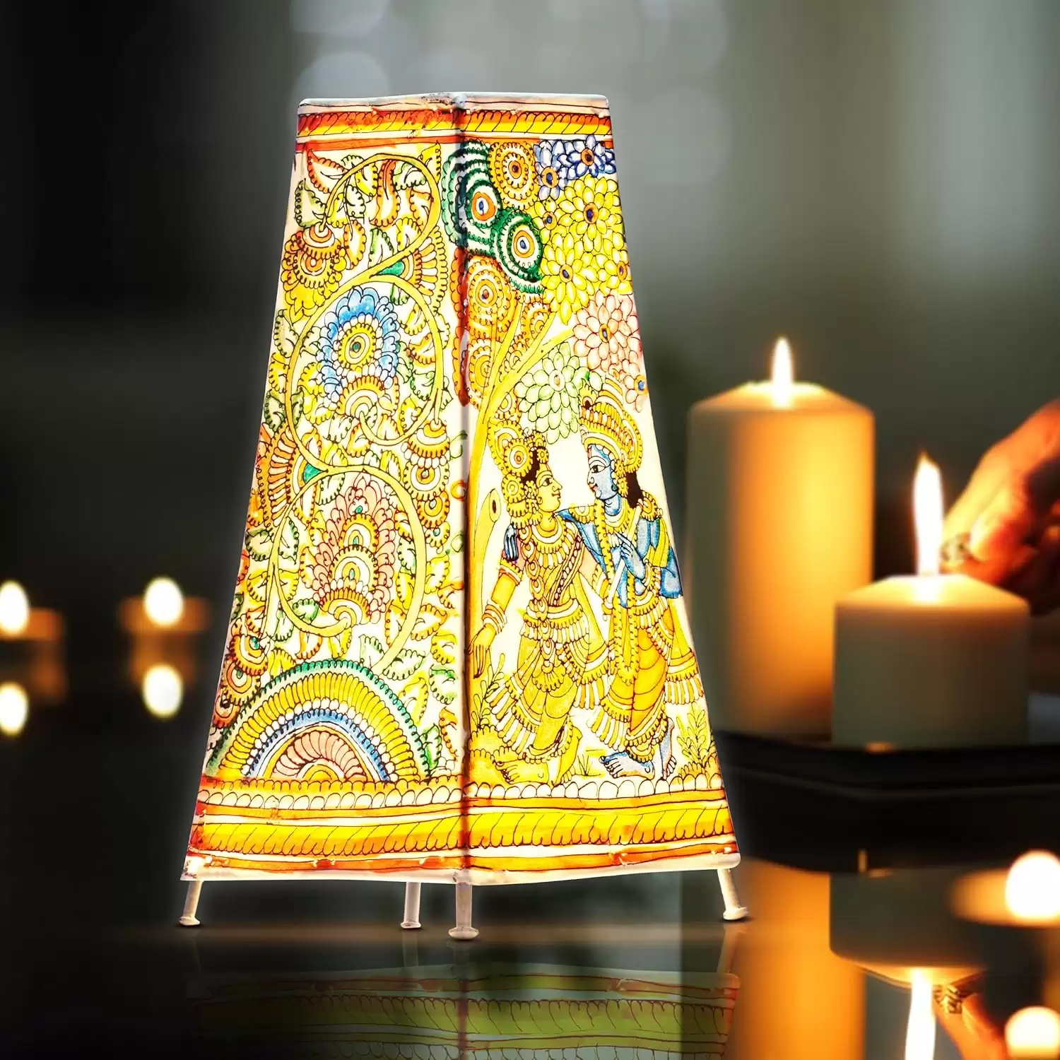 Artdarshan Handcrafted Leather Lamp|Table Lamp for Home Decoration |Bedside Night & Desk lamp for Bedroom & Living Room |Designer Table lamp - Vibrant Flowers & Radha Krishna,Size 32.5x15.5 cm