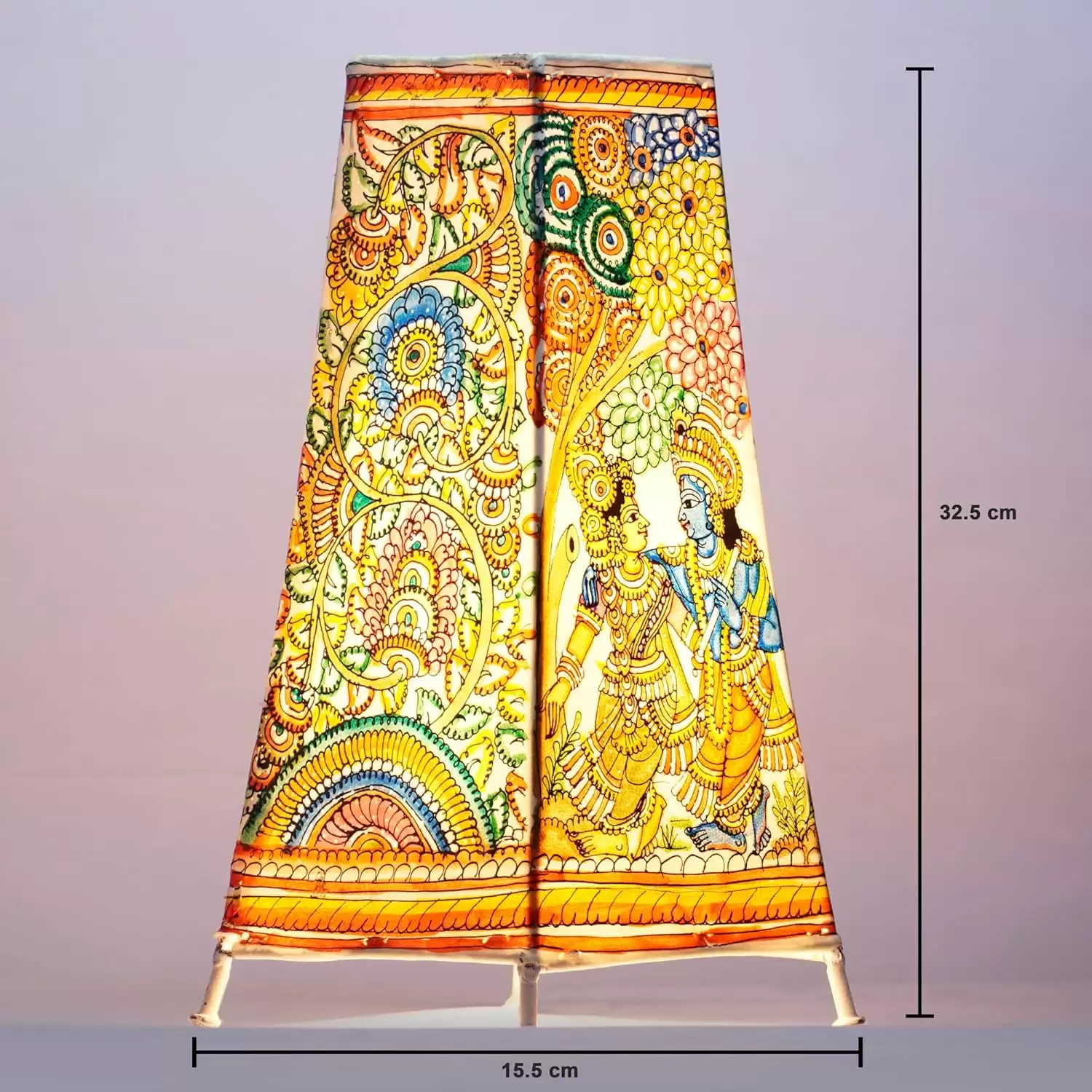 Artdarshan Handcrafted Leather Lamp|Table Lamp for Home Decoration |Bedside Night & Desk lamp for Bedroom & Living Room |Designer Table lamp - Vibrant Flowers & Radha Krishna,Size 32.5x15.5 cm