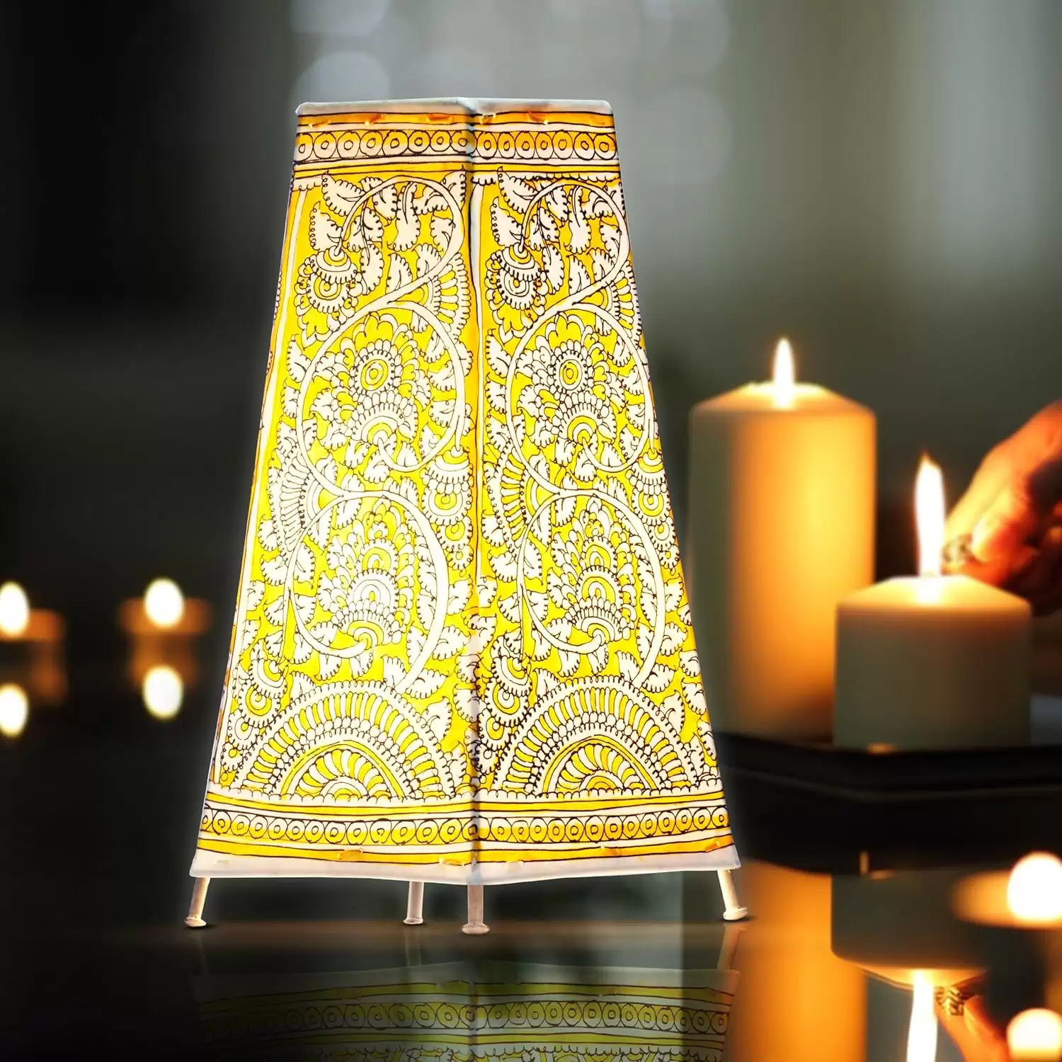 Artdarshan Handcrafted Leather Lamp shade | Handmade Table Lamp for home decoration | bedside night & desk lamp for bedroom & living room | Designer table lamp Yellow Floral Art, Size 32.5x15.5cm