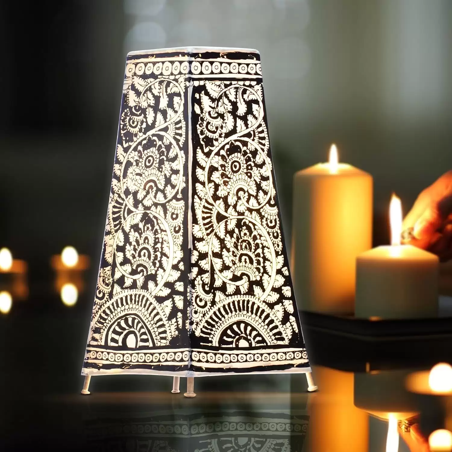 Artdarshan Handcrafted Leather Lamp shade | Handmade Table Lamp for home decoration | bedside night & desk lamp for bedroom & living room | Black Designer table lamp - Flower Art, Size 32.5cmx15.5cm