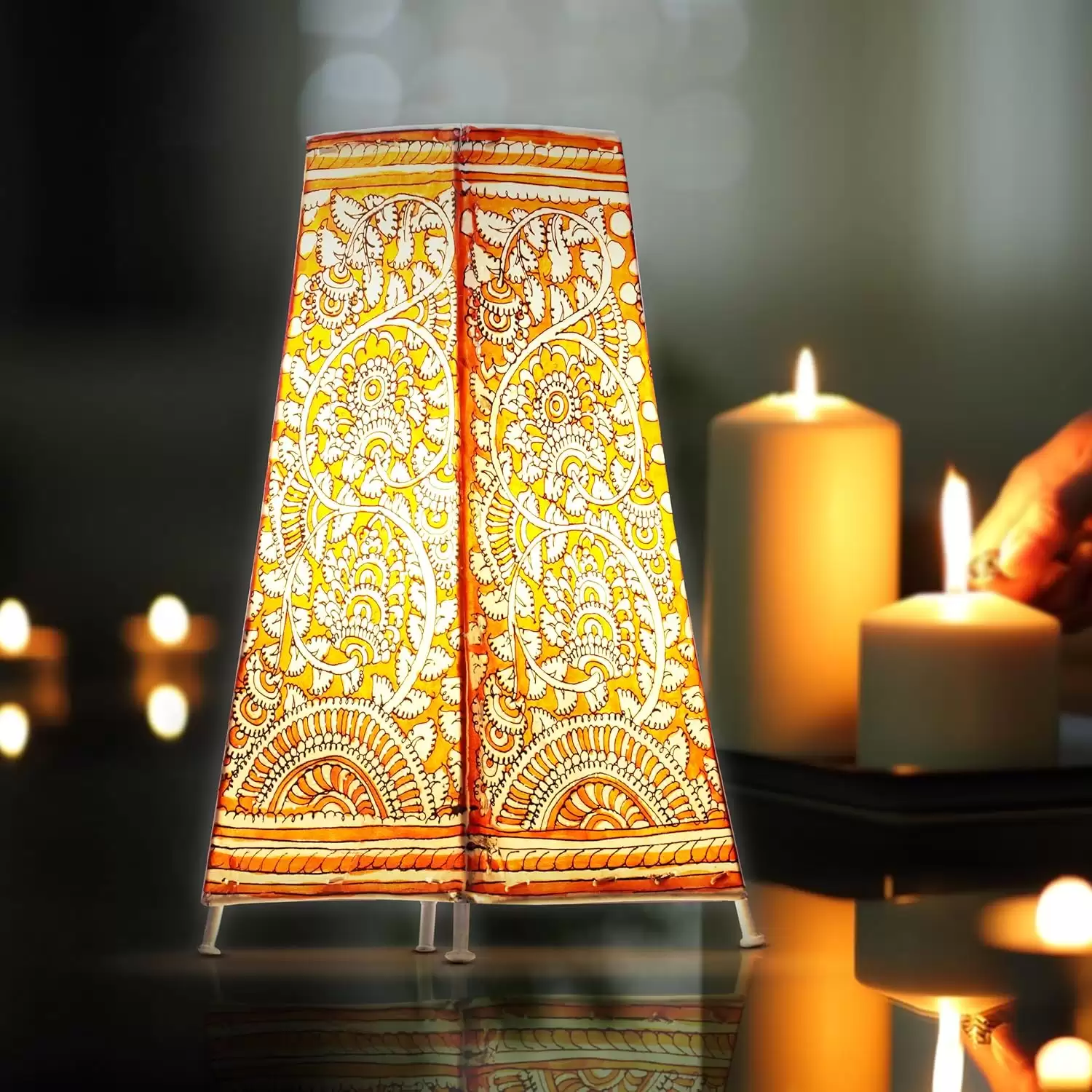 Artdarshan Handcrafted Leather Lamp shade | Handmade Table Lamp for home decoration | bedside night & desk lamp for bedroom & living room | Designer table lamp - Red Flower Art