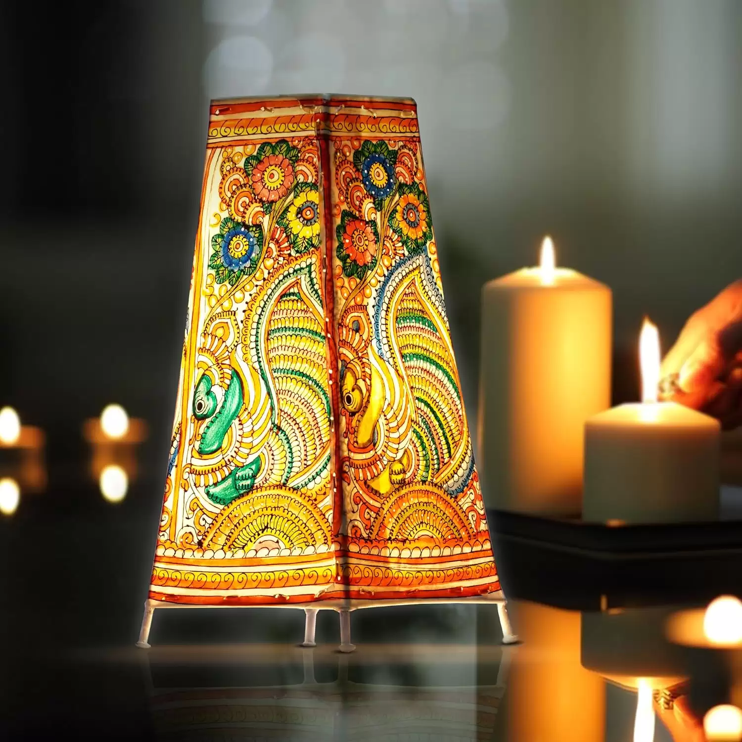 Artdarshan Handcrafted Leather Lamp shade | Handmade Table Lamp for home decoration | bedside night & desk lamp for bedroom & living room | Designer table lamp - Peacock Art, Size 32.5x15.5