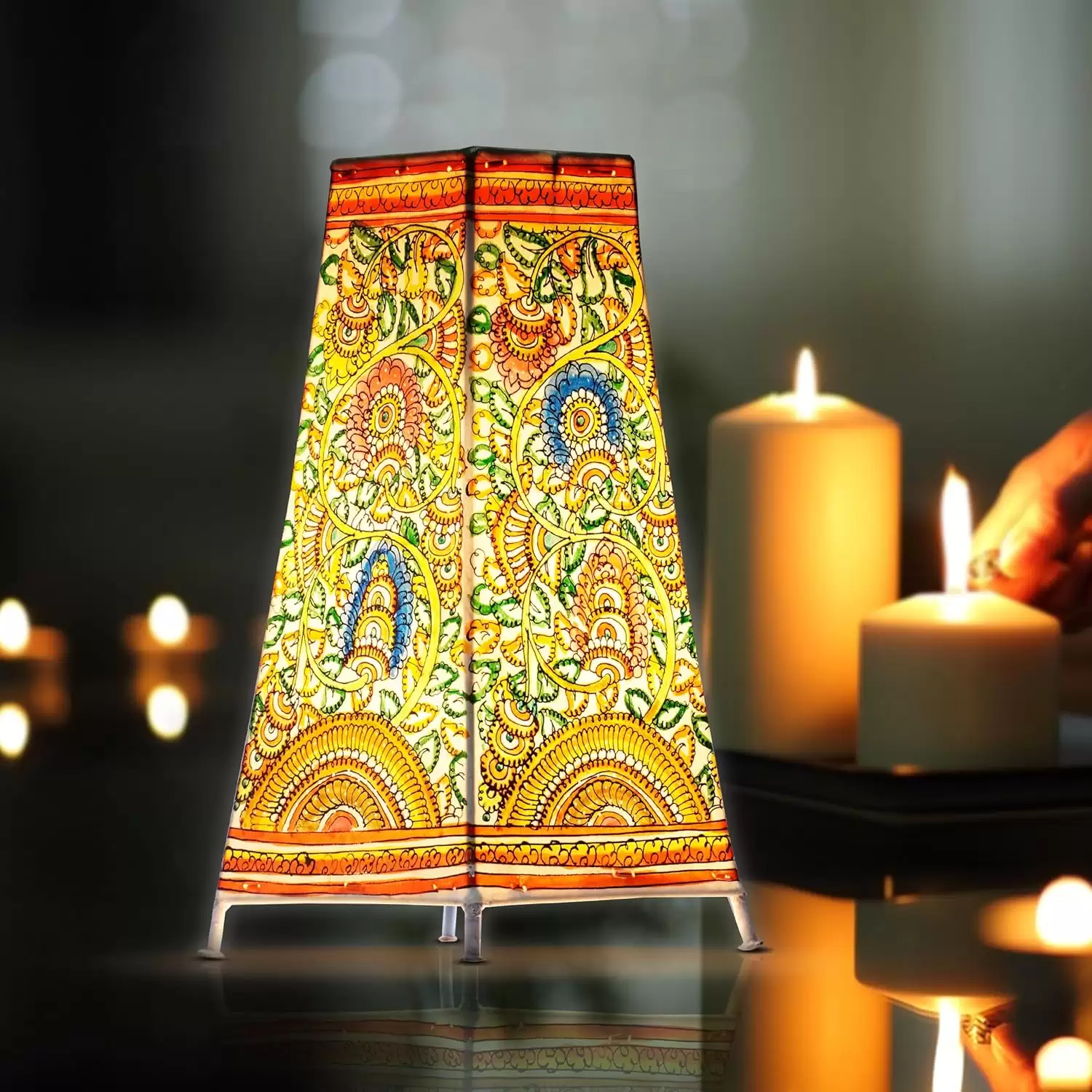 Artdarshan Handcrafted Leather Lamp shade | Handmade Table Lamp for home decoration | bedside night & desk lamp for bedroom & living room | Designer table lamp - Floral Art | Size 32.5x15.5