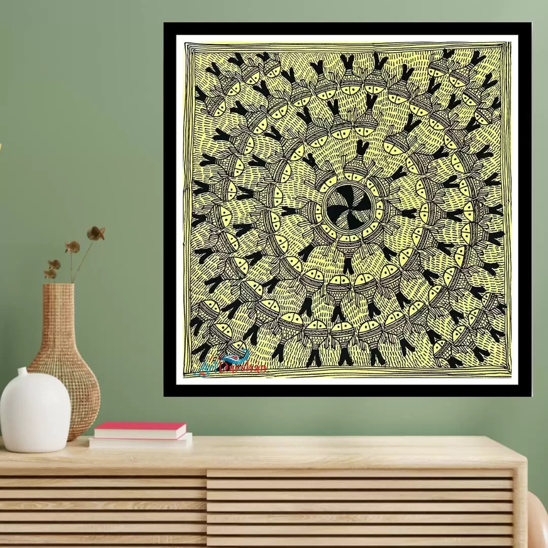 Artdarshan Framed Fish Mandala Madhubani Art Painting for Home & Office Wall Art Decor | Traditional Madhubani Art | Size 14x14 Inches