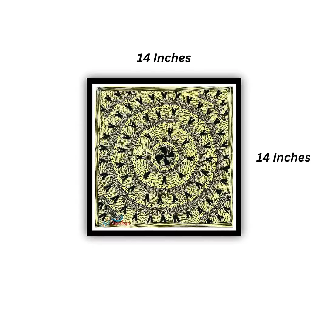 Artdarshan Framed Fish Mandala Madhubani Art Painting for Home & Office Wall Art Decor | Traditional Madhubani Art | Size 14x14 Inches