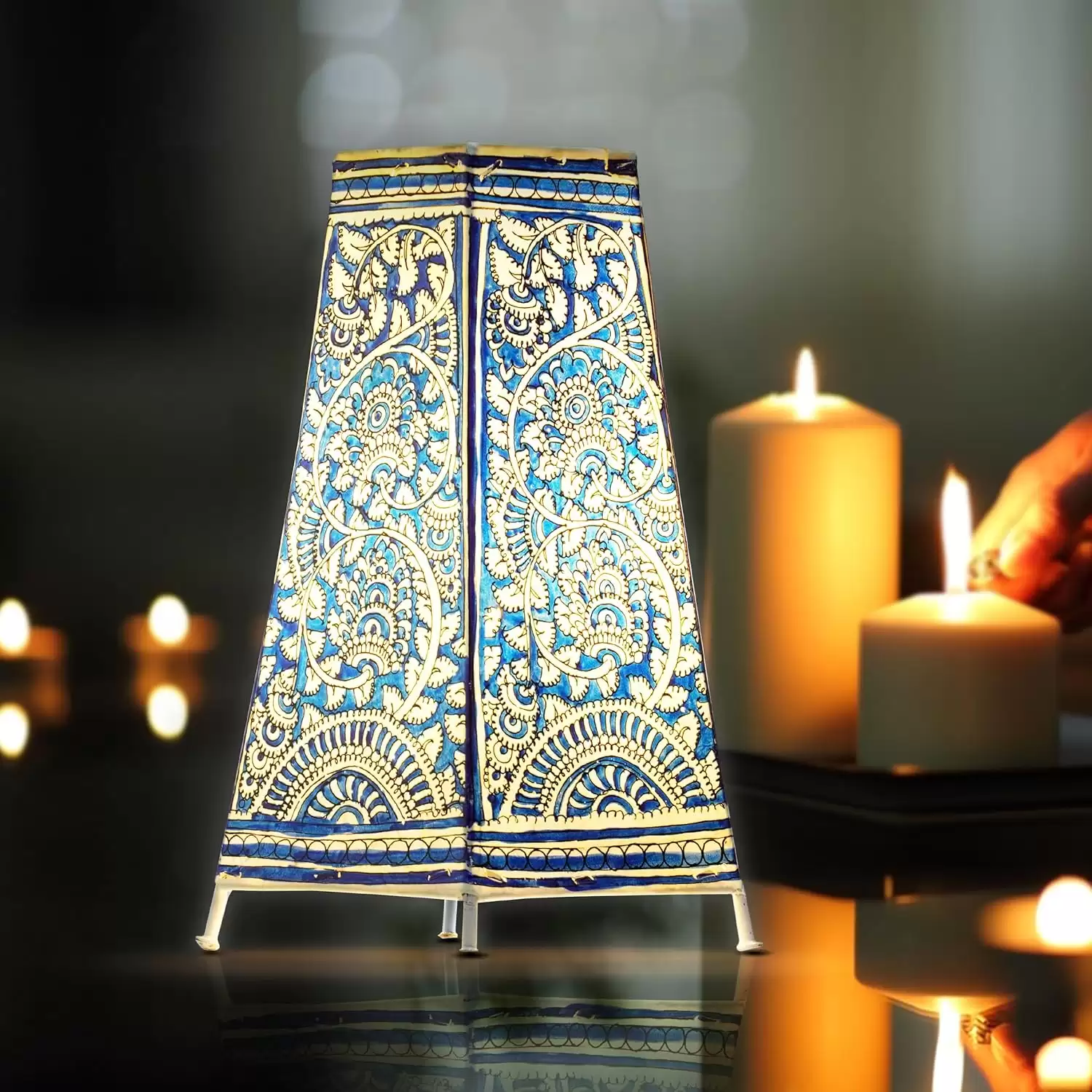 Artdarshan Handcrafted Leather Lamp shade | Handmade Table Lamp for home decoration | bedside night & desk lamp for bedroom & living room | Designer table lamp - Blue Flower Bliss Art