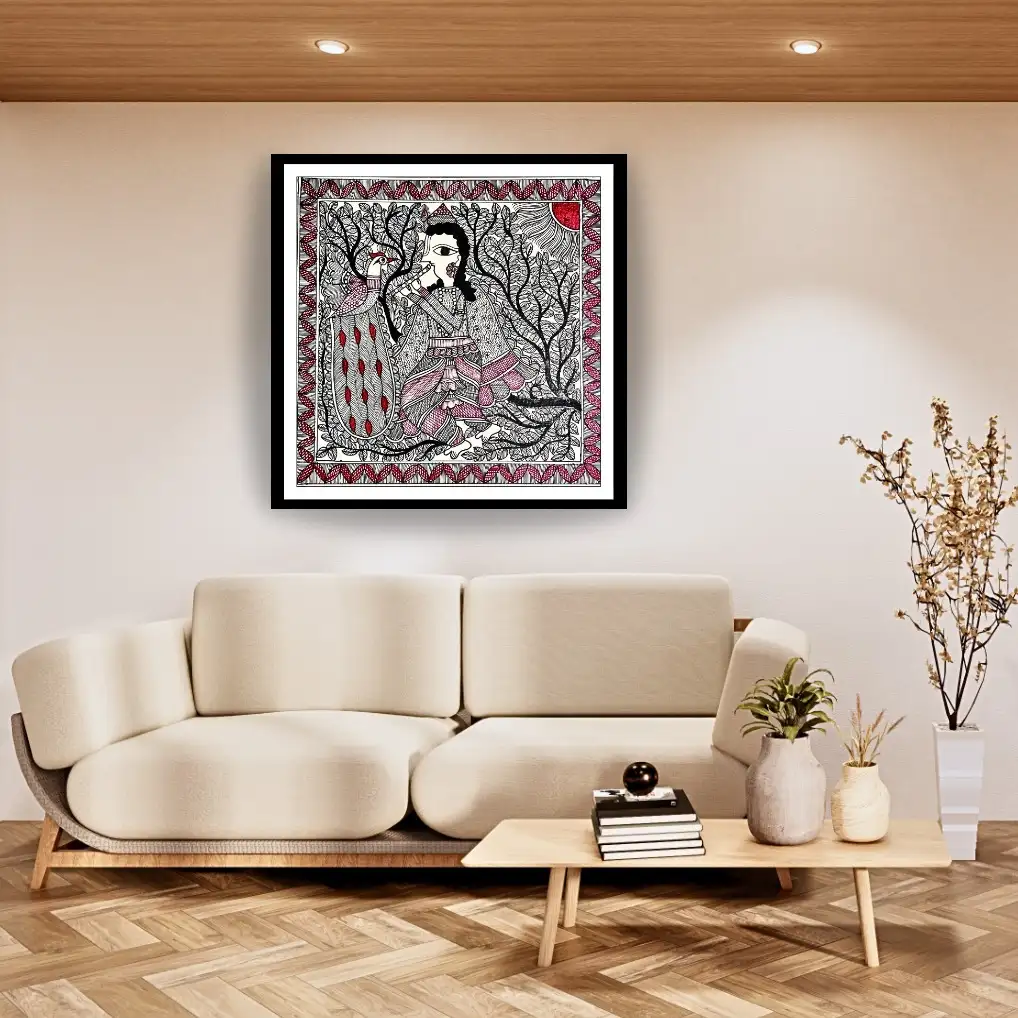 Handmade Madhubani Krishna & Peacock Painting – Traditional Mithila Folk Art
