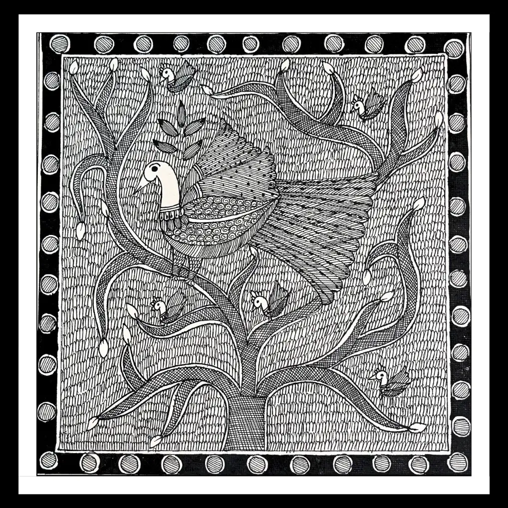 Handmade Madhubani Peacock on Tree Painting – Traditional Mithila Folk Art