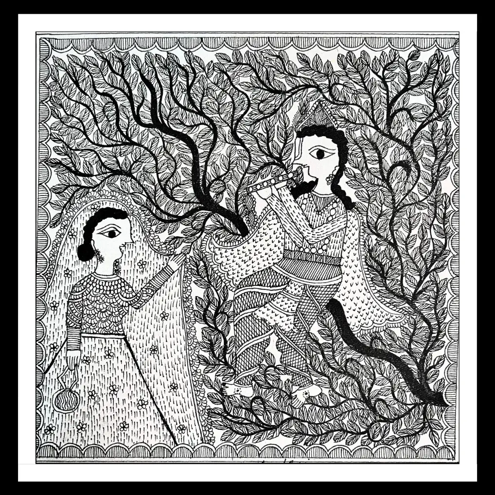 Handmade Madhubani Radha Krishna Painting – Traditional Mithila Folk Art