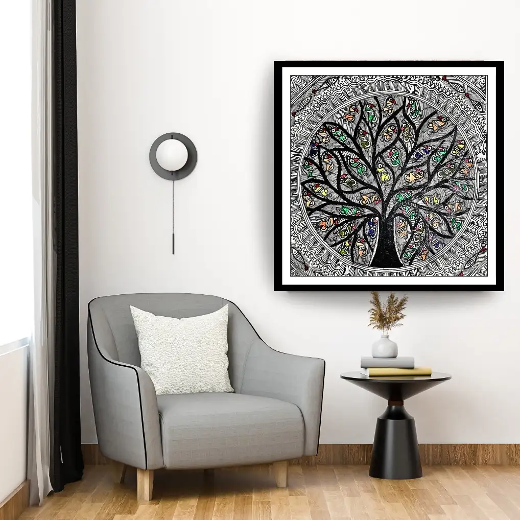 Madhubani Tree of Life Painting – Traditional Mithila Folk Art with Fish Motifs