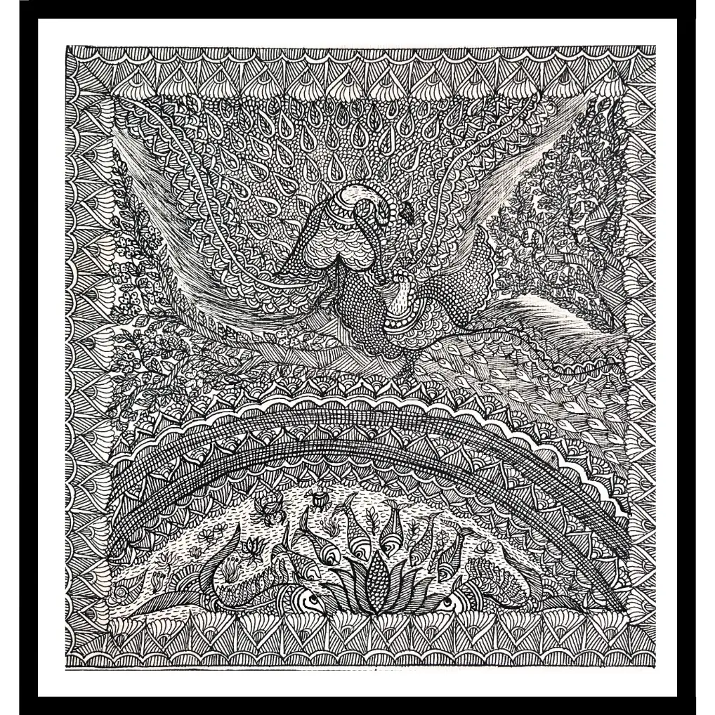 Artdarshan Handmade Madhubani Peacock & Fishes Painting | Traditional Mithila Art Wall Décor for Home & Office