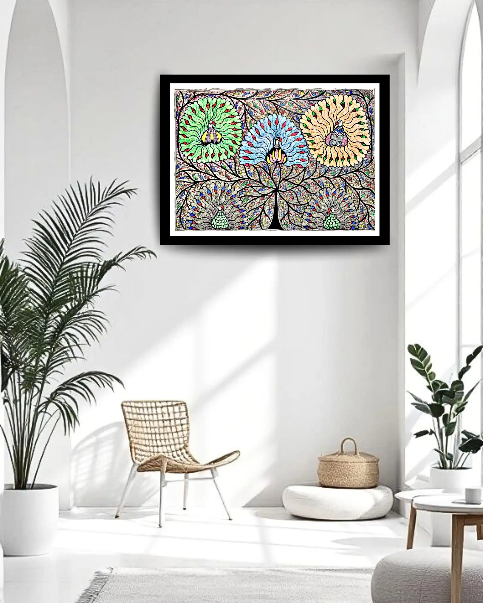 Tree & Peacocks Handmade Mithila Painting – Traditional Madhubani Folk Art
