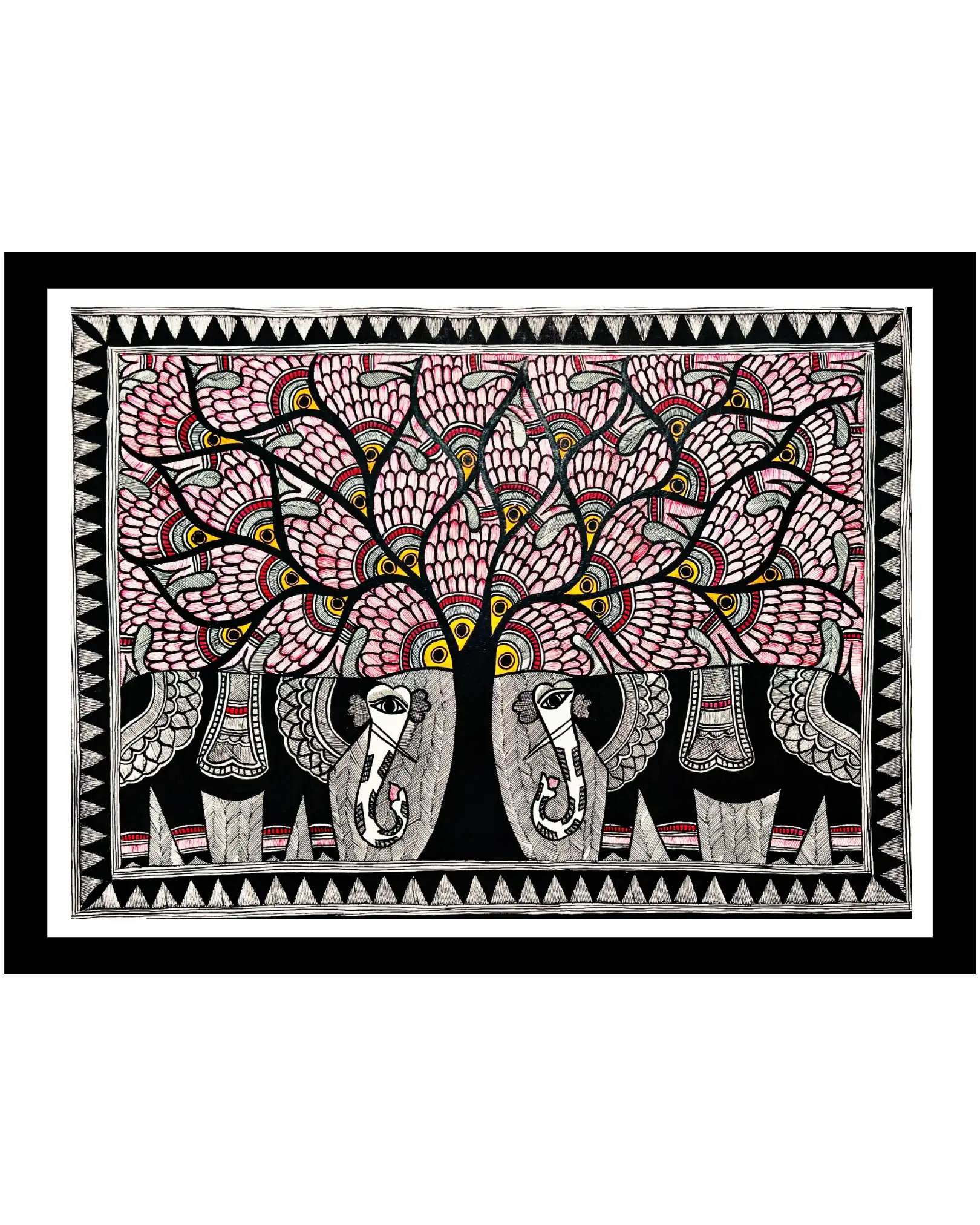Tree & Elephant Couple Handmade Mithila Painting – Traditional Madhubani Folk Art