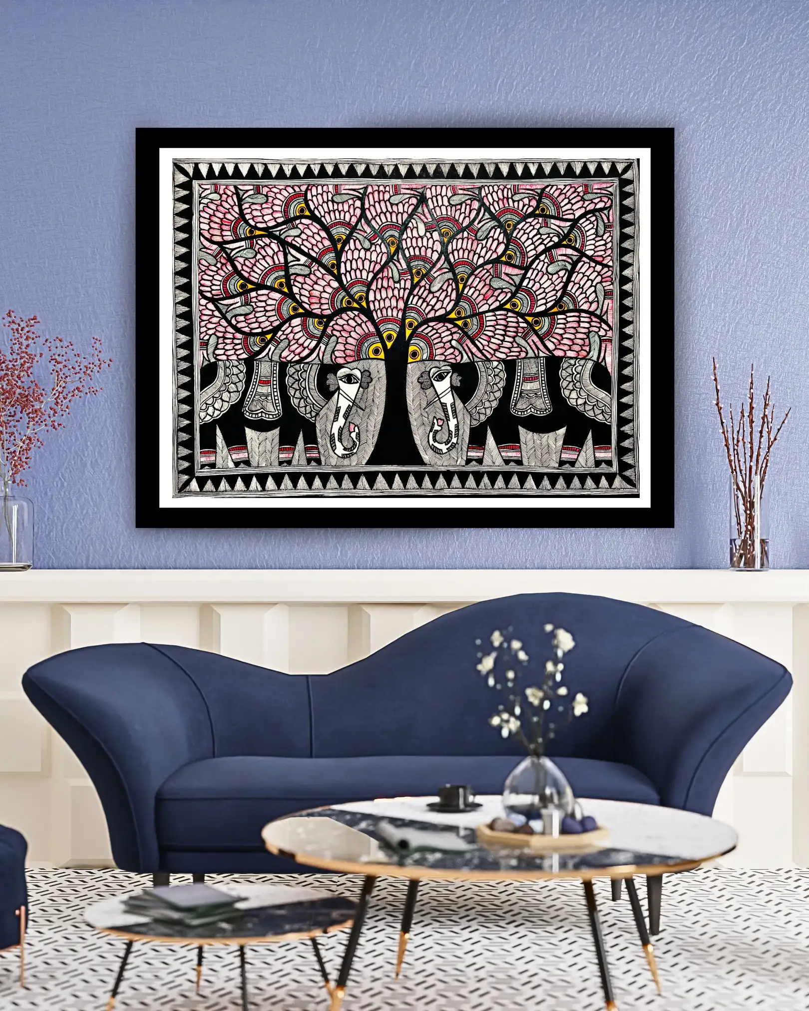 Tree & Elephant Couple Handmade Mithila Painting – Traditional Madhubani Folk Art