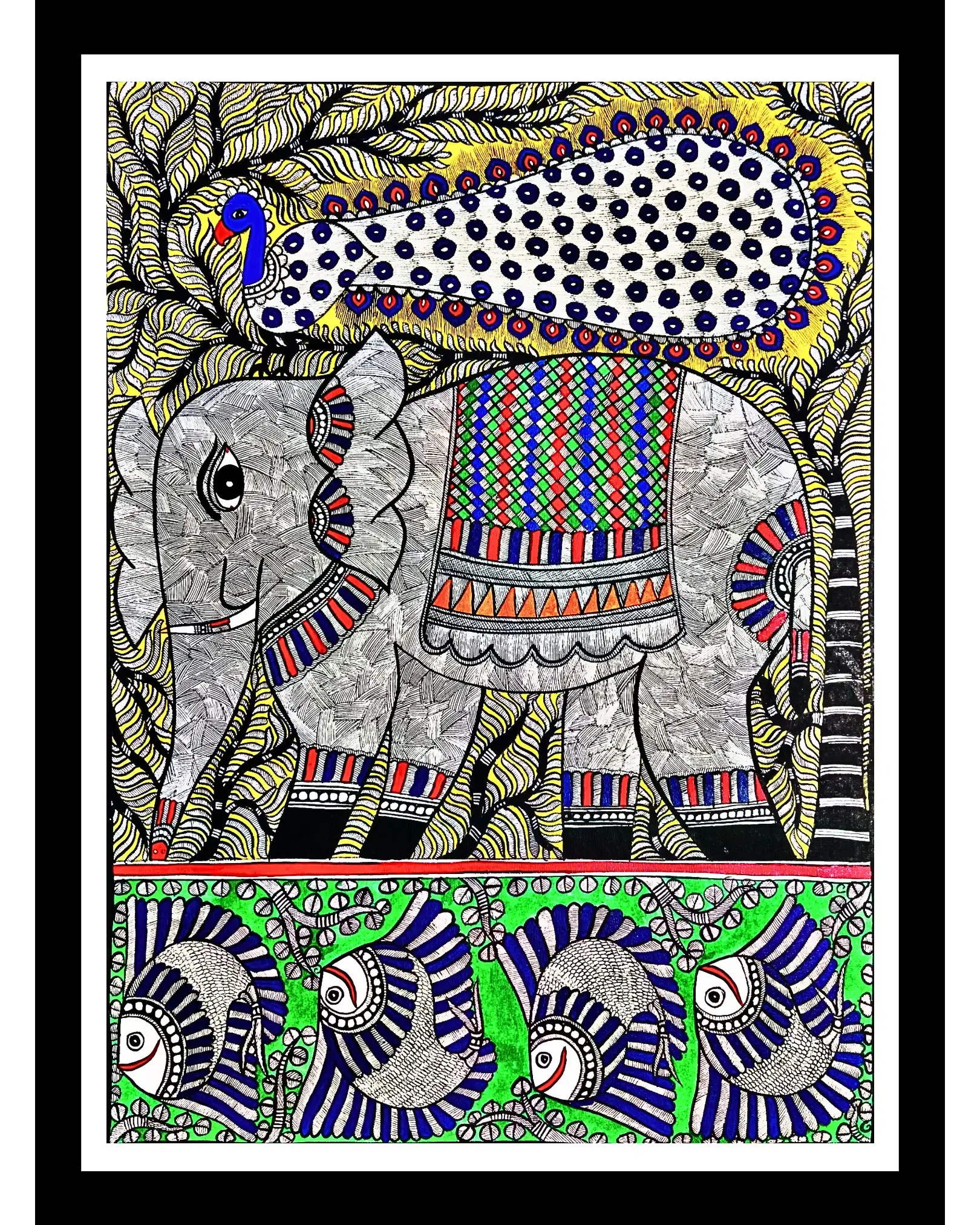 Elephant, Fish & Peacock Handmade Mithila Painting – Traditional Madhubani Folk Art