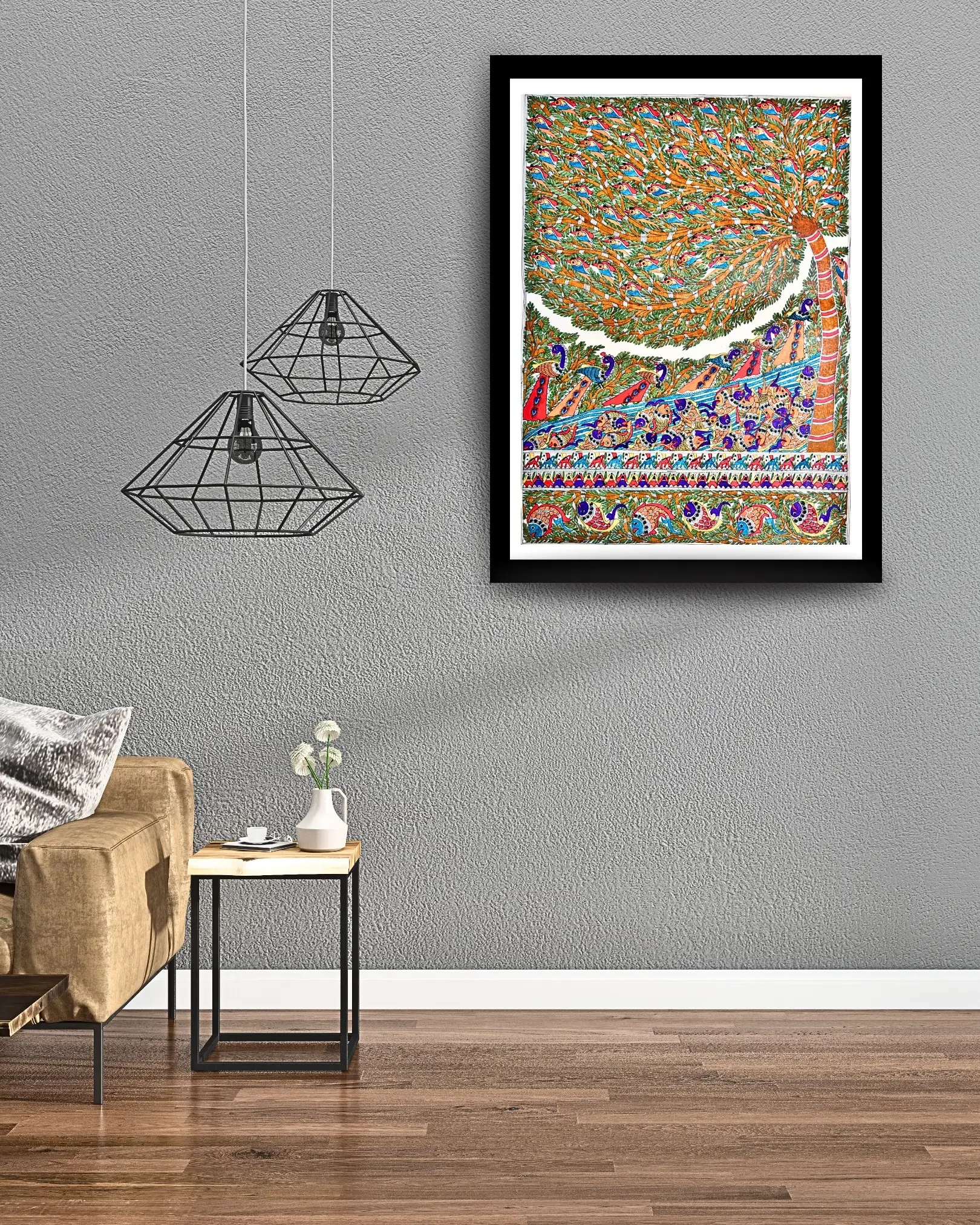 Peacocks, Fish & Tree Handmade Madhubani Painting – Traditional Mithila Folk Art