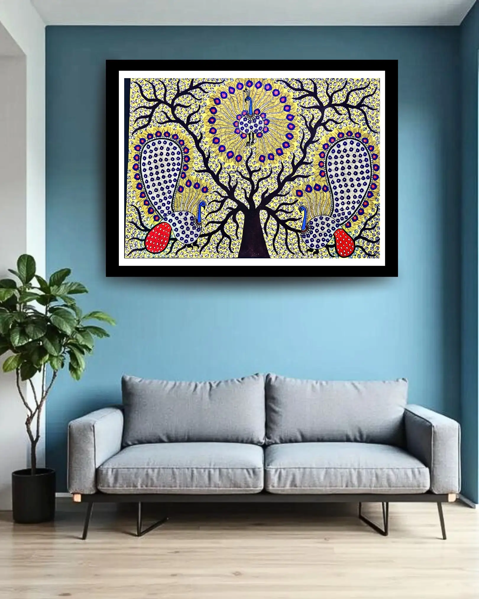 Peacock Family on Tree Handmade Madhubani Painting – Traditional Mithila Folk Art
