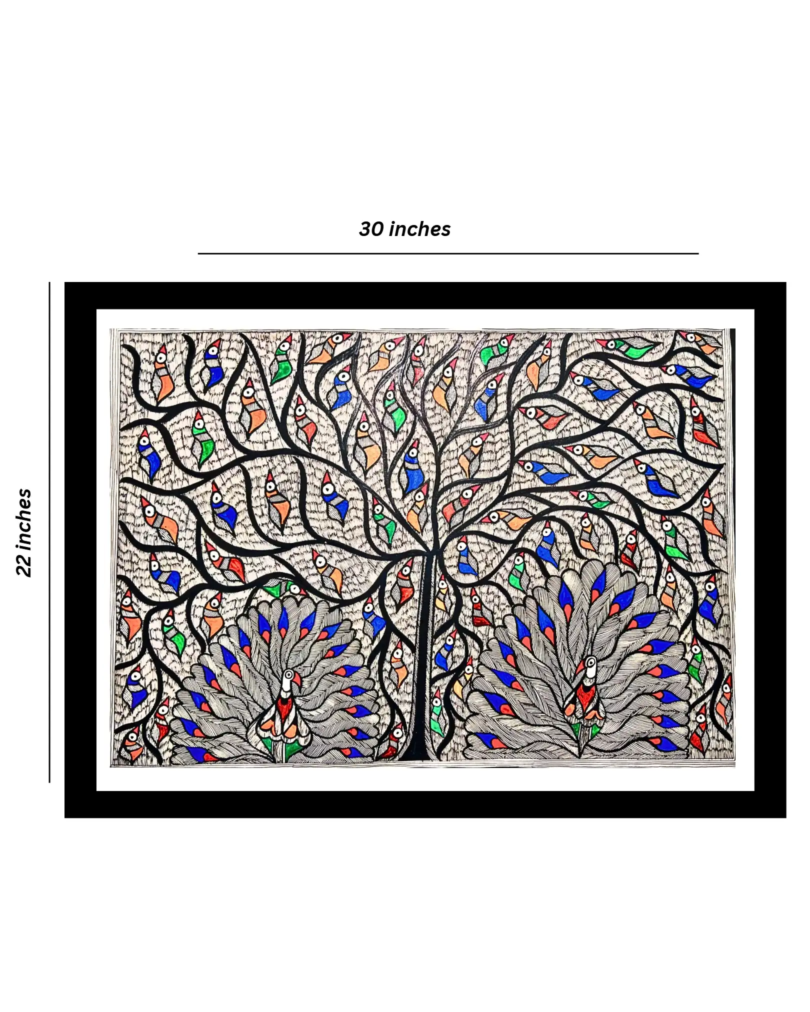 Peacock Couple, Birds & Tree Handmade Madhubani Painting – Traditional Mithila Folk Art