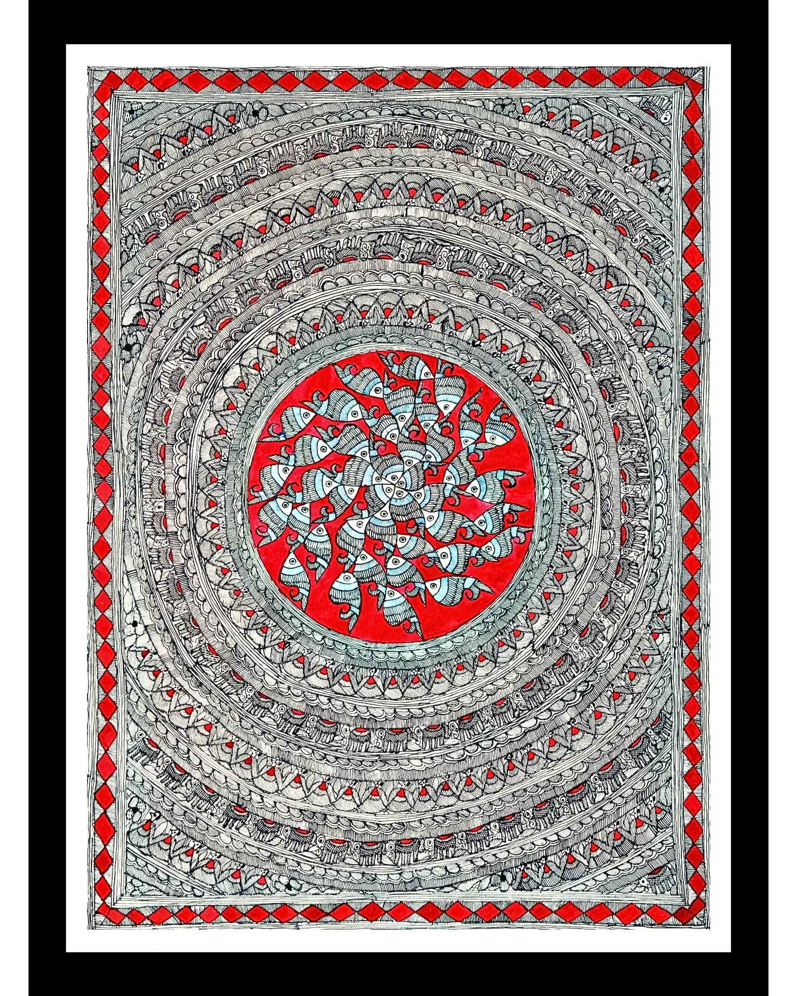 Fish & Elephant Human Chain Godna Madhubani Handmade Painting – Traditional Mithila Tribal Art