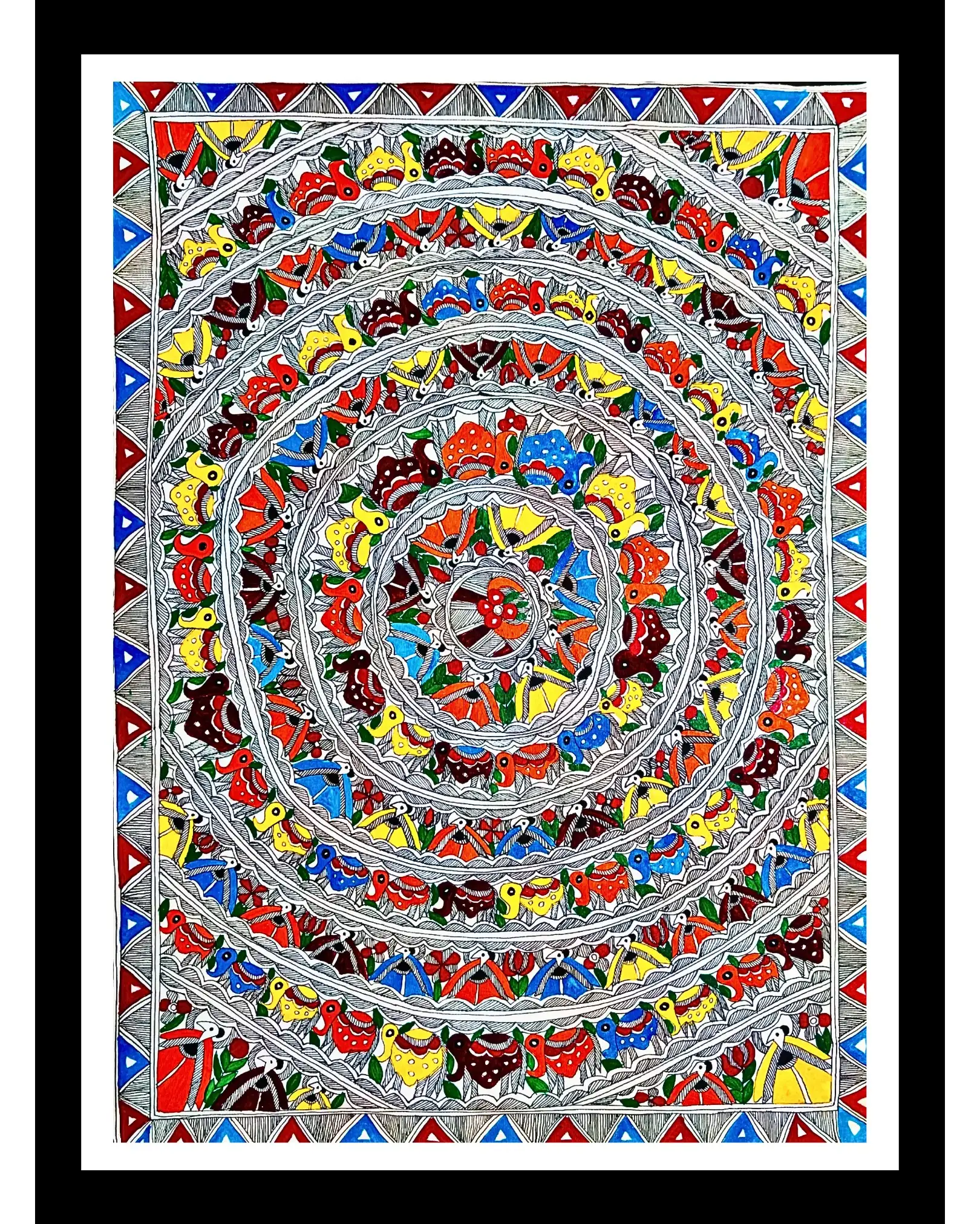 Colourful Godna Human & Elephant Chain Madhubani Handmade Painting – Traditional Mithila Tribal Art