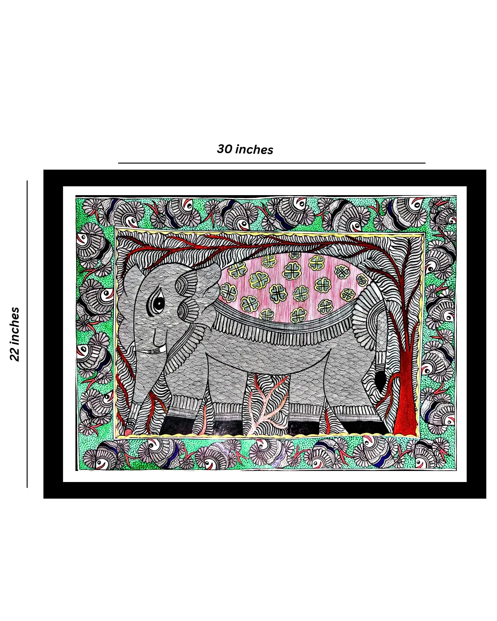 Elephant & Fishes Madhubani Handmade Painting (22x30 Inches, Unframed) – Traditional Mithila Folk Art