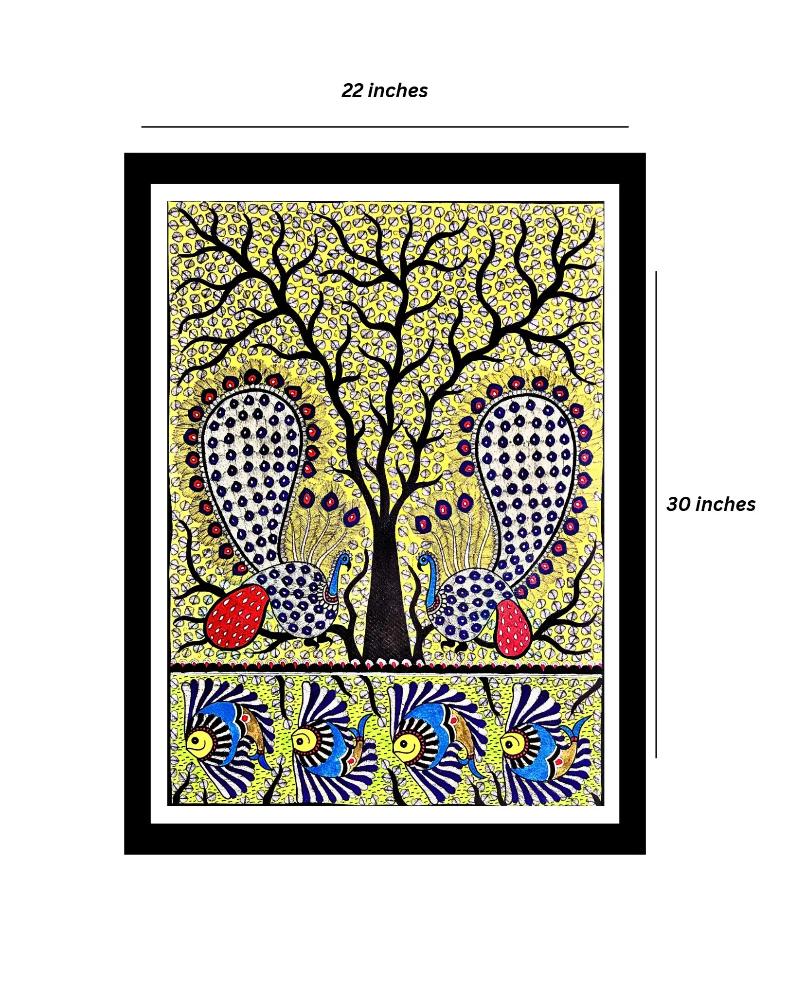 Peacock Couple, Fishes & Tree Handmade Madhubani Painting – 22x30 Inches, Unframed Mithila Folk Art