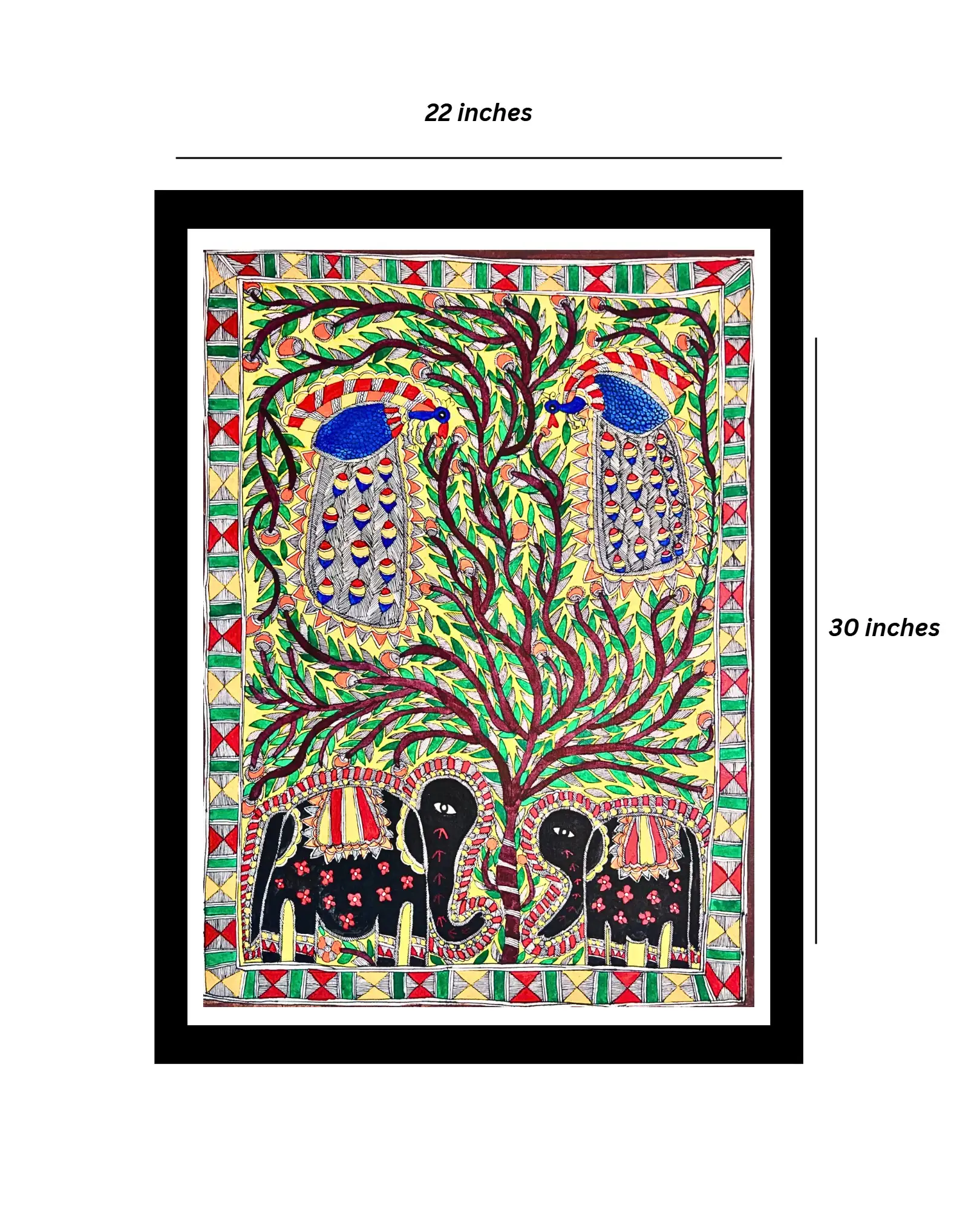 Elephant, Peacock & Tree Handmade Madhubani Painting – 22x30 Inches, Unframed Mithila Folk Art