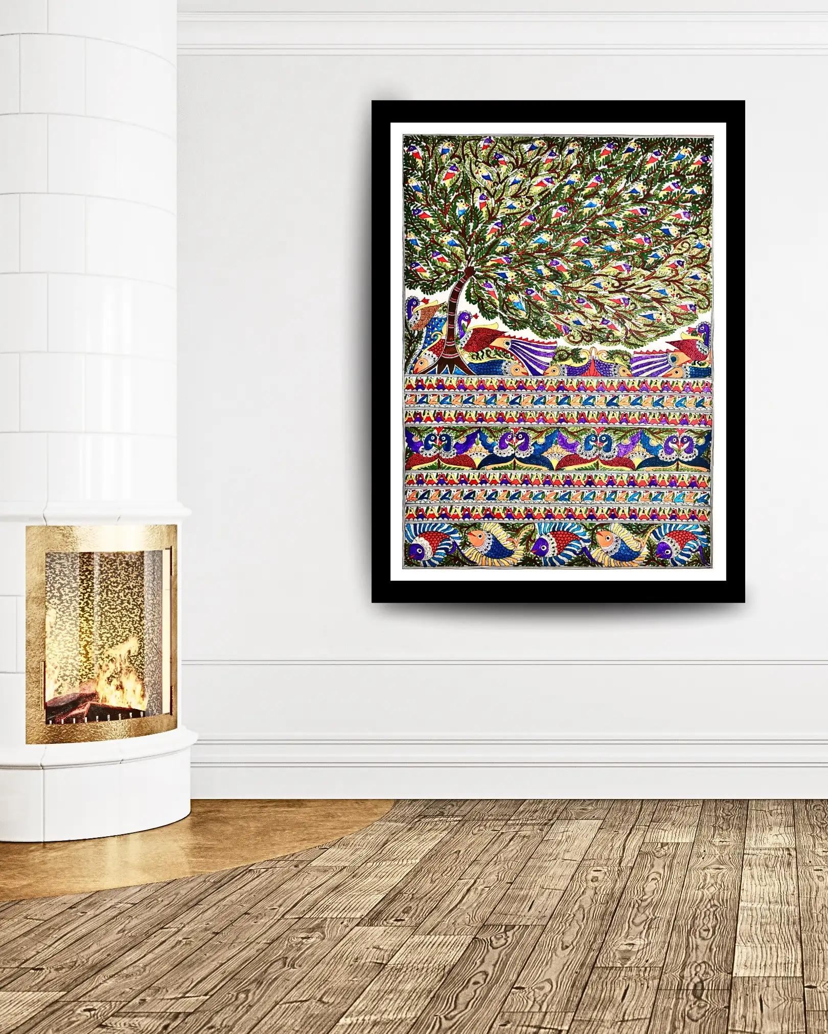 Peacocks, Fishes & Tree Handmade Madhubani Painting – 22x30 Inches, Unframed Mithila Folk Art