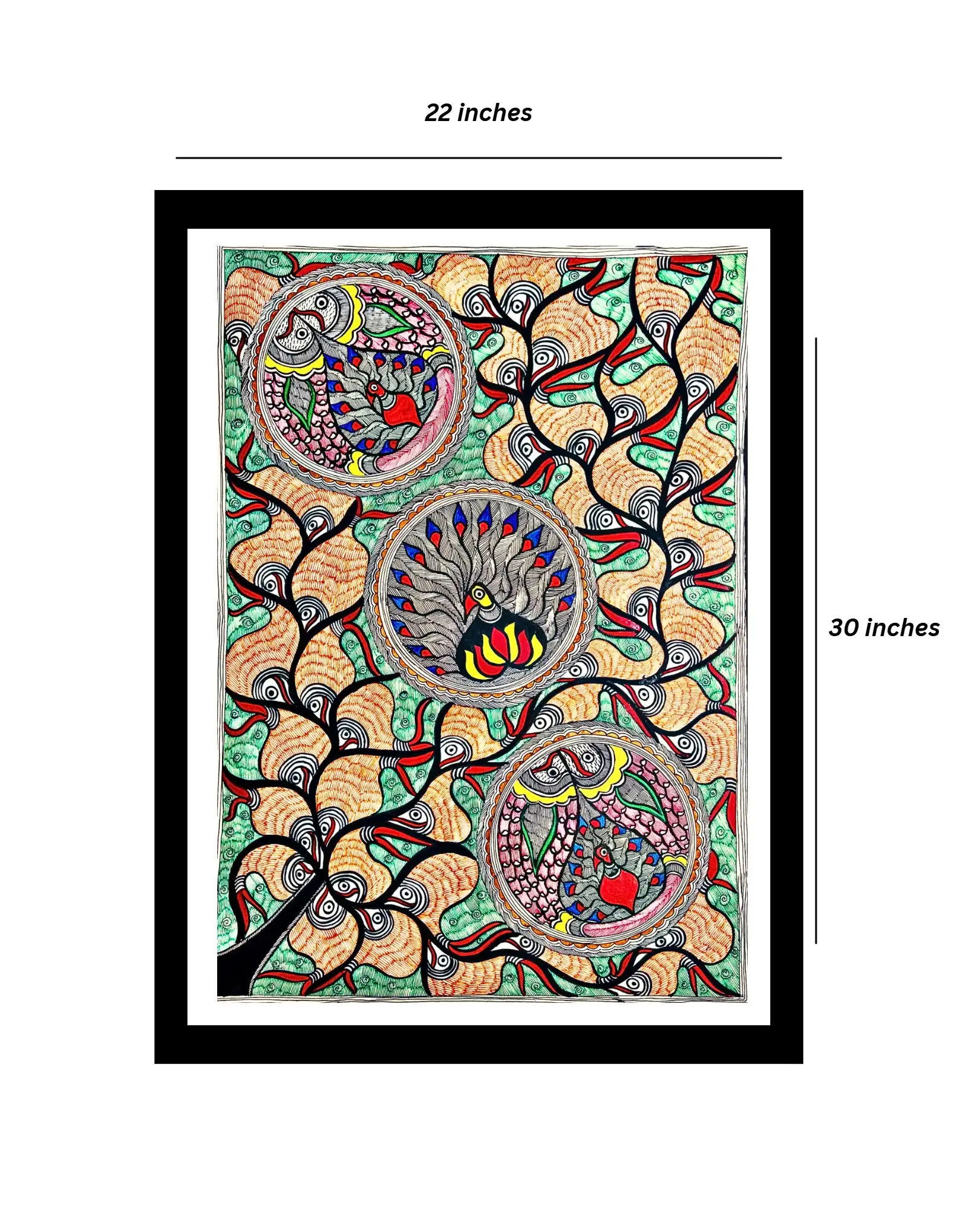 Tree, Fishes & Peacocks Handmade Madhubani Painting – Unframed Mithila Folk Art