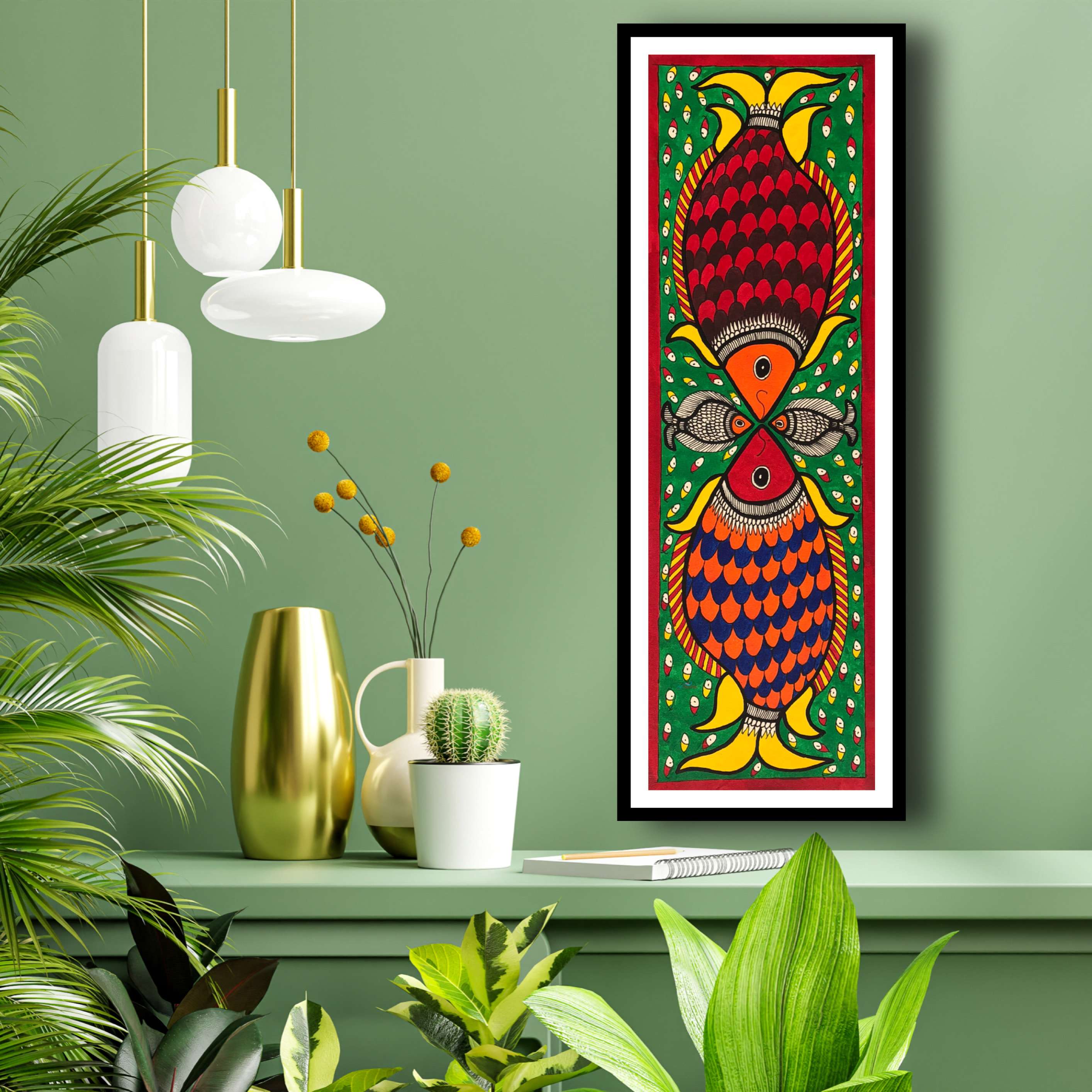 Framed Madhubani Painting of Fish for Livingroom,Bedroom,Home & Office Wall Art Decor