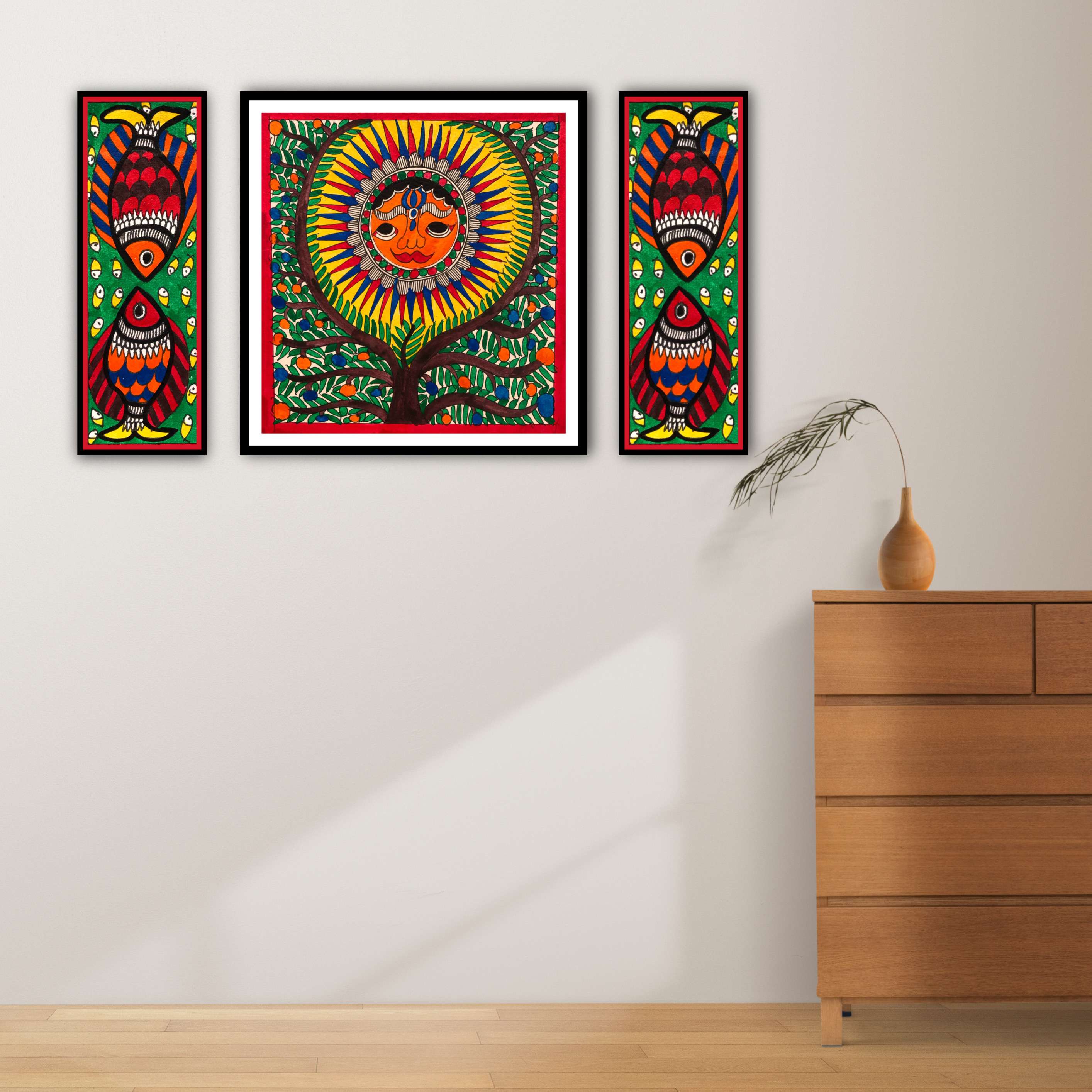 Framed Set of 3 Madhubani paintings for Home & Office Wall Art Decor | Original Handmade Painting By Artdarshan