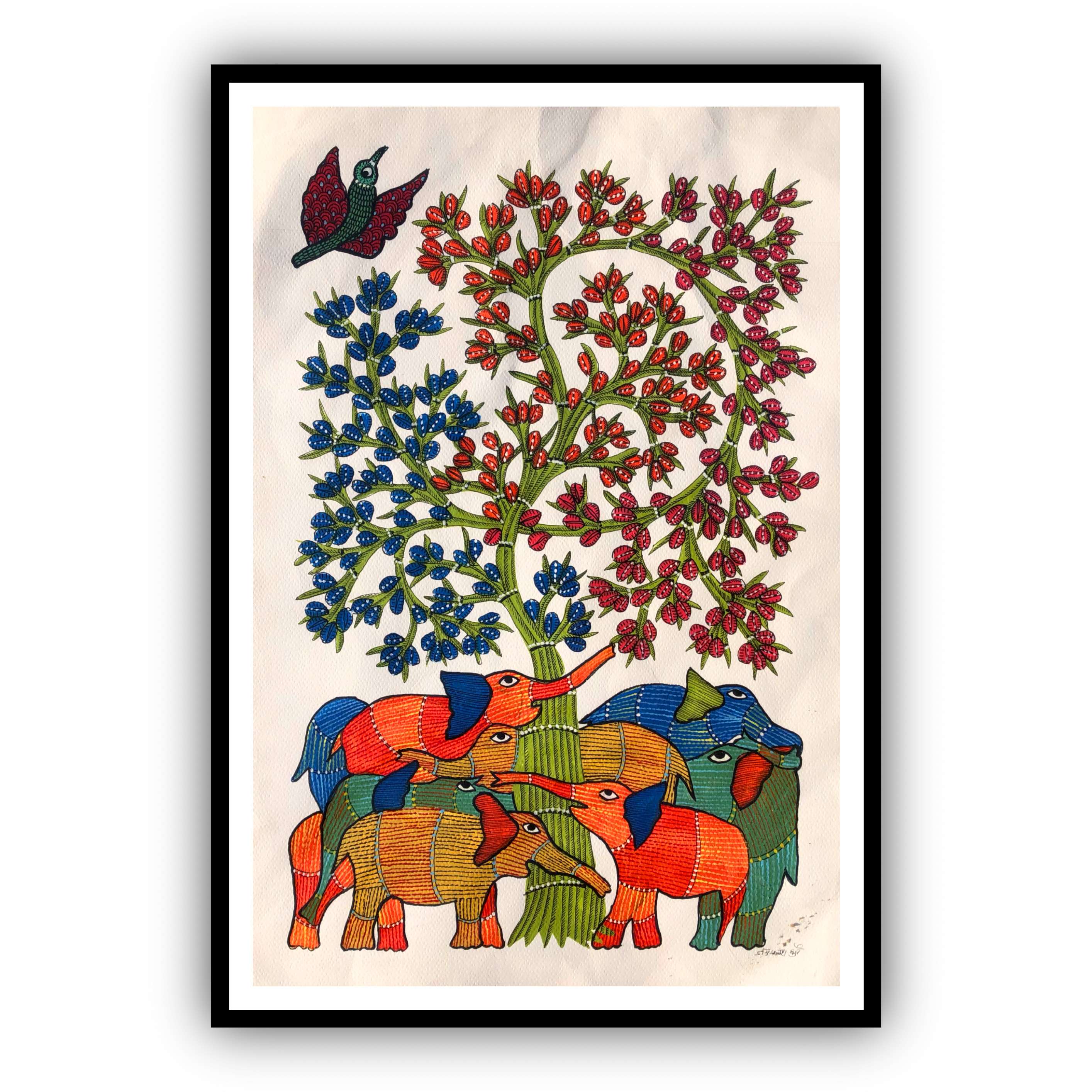Framed Handmade Gond Art Painting of Elephant Family & Tree for Home & Office Wall Art Decor