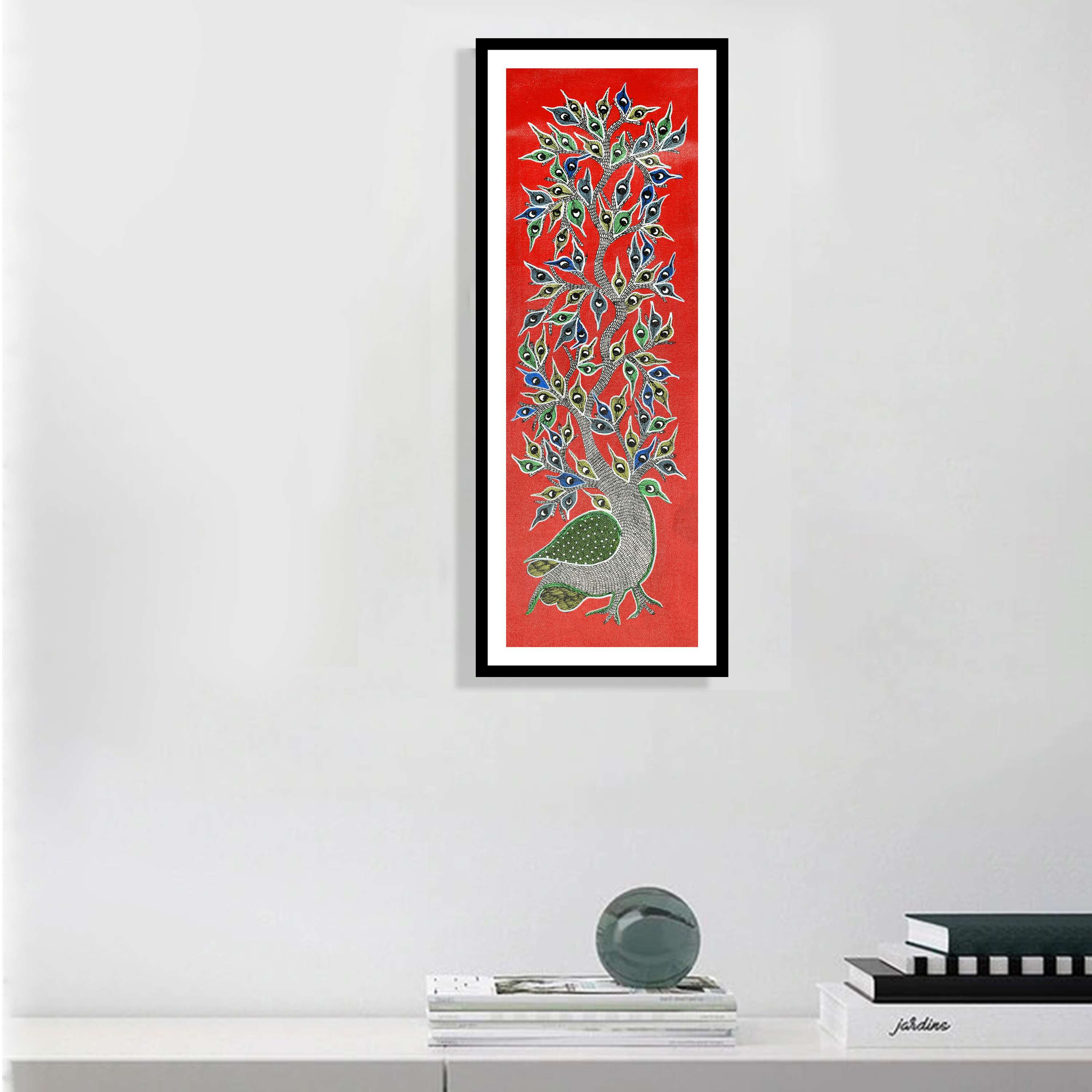 Framed Gond Art Painting of Peacock & Tree | Traditional Gond Painting for Home & Office Wall Art Decor